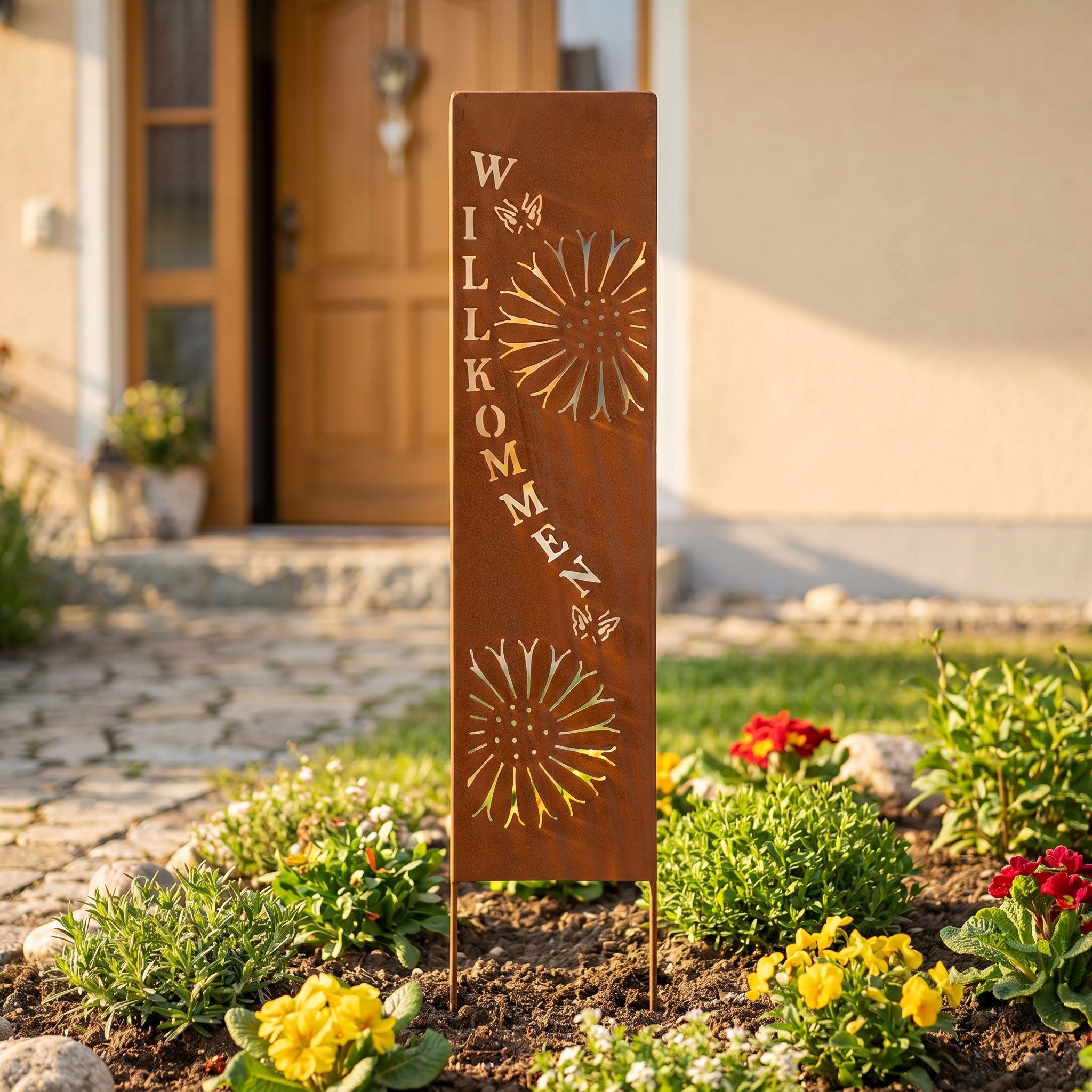Levandeo® Gartenstecker Gartenstele Willkommen Metall Edelrost 20x100cm Blumen Schmetterling