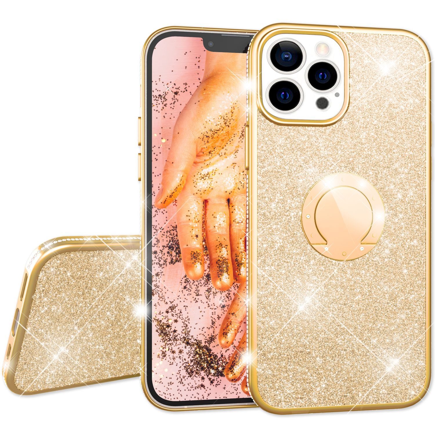 Nalia Smartphone-Hülle Apple iPhone 13 Pro, Glitzer Ring Silikon Hülle / 360 Grad Finger-Halter / Standfunktion