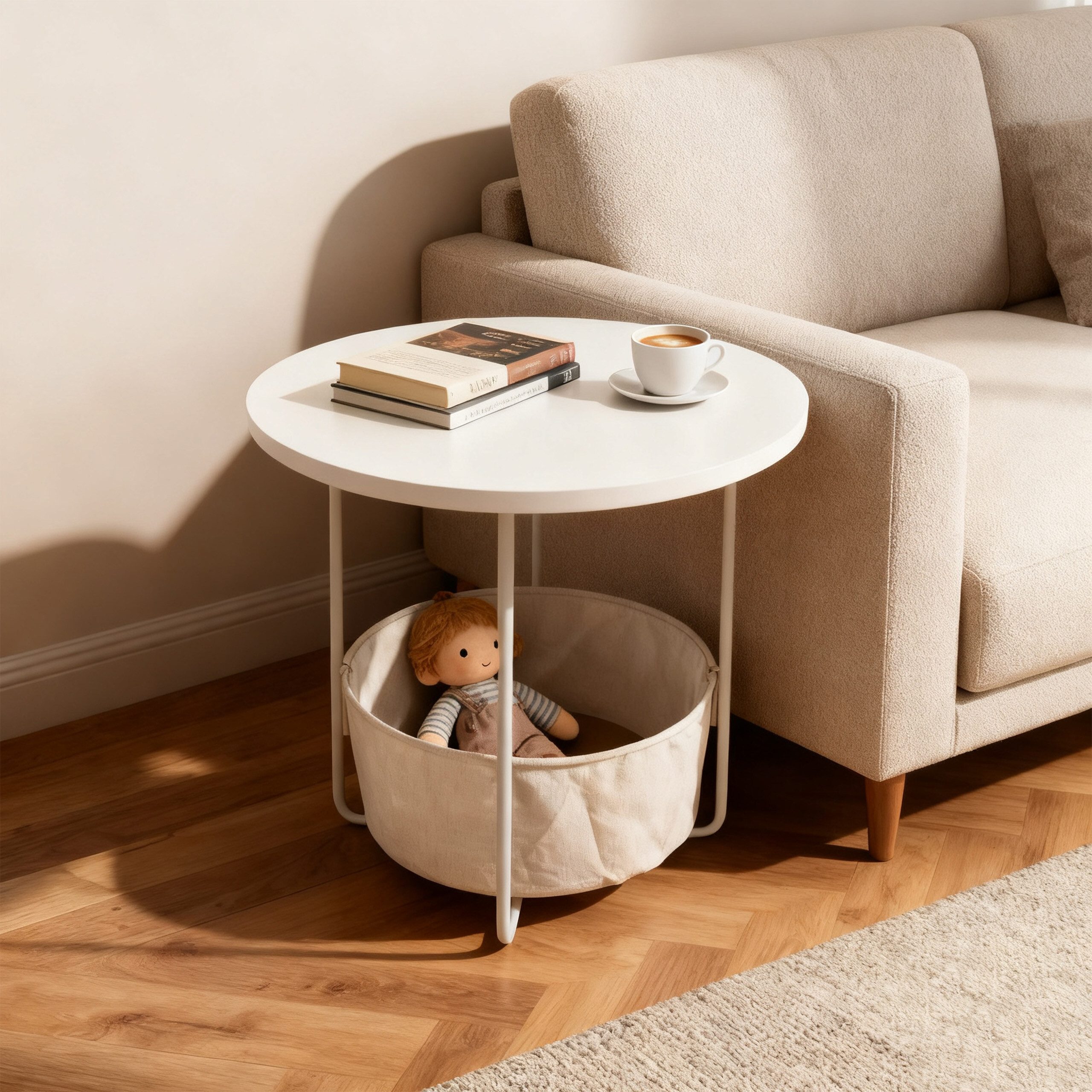 relaxdays Beistelltisch Runder Beistelltisch mit Korb, Naturbeige-Cremeweiß