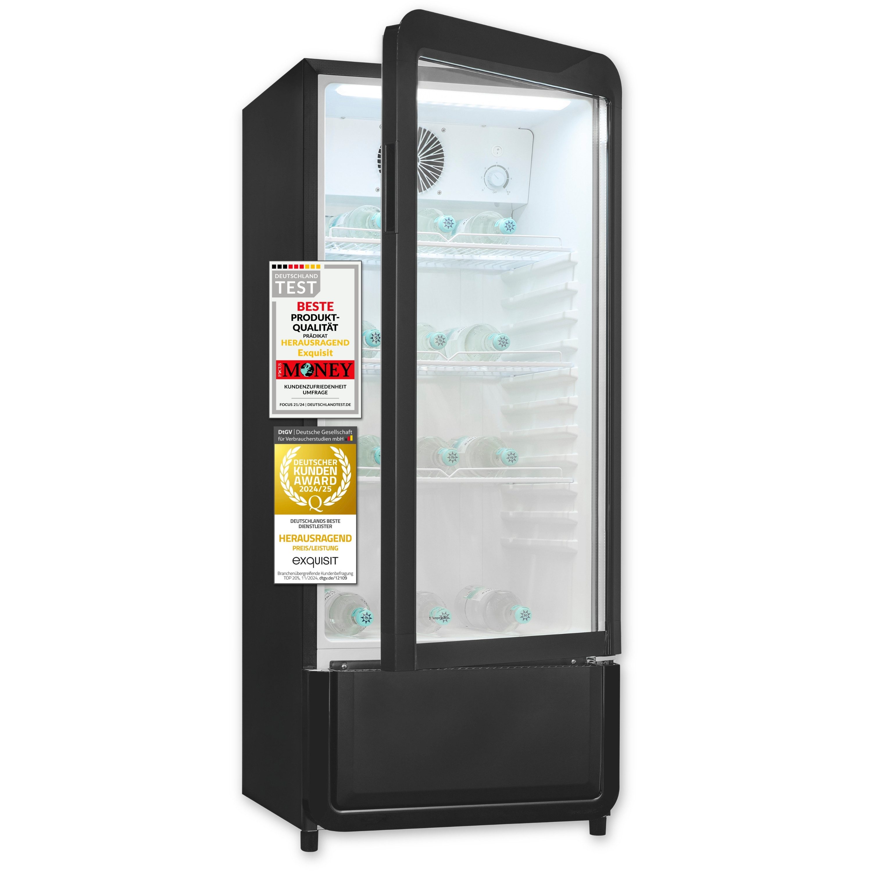 exquisit Getränkekühlschrank GKS180-GT-431D, 132.5 cm hoch, 54 cm breit, 200l Glastürkühlschrank mit LED, Umluftventilator, 3 Ablagen, CoolPro