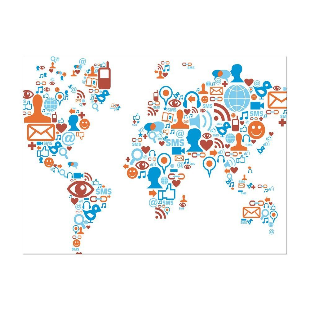 Bilderdepot24 Leinwandbild Weltkarte Piktogramme soziale Medien, Landkarten