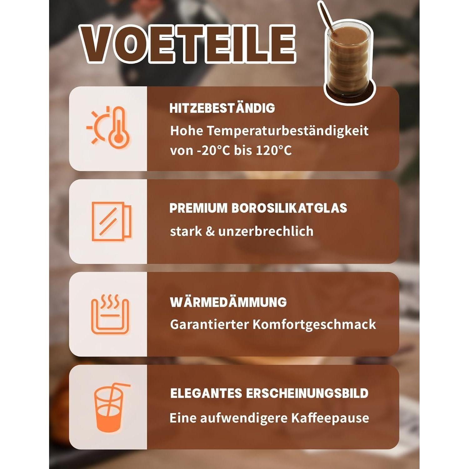LuxusKollektion Latte-Macchiato-Glas Latte Macchiato Gläser Set 4 Löffeln 4 Untersetzern 350ml Transparent