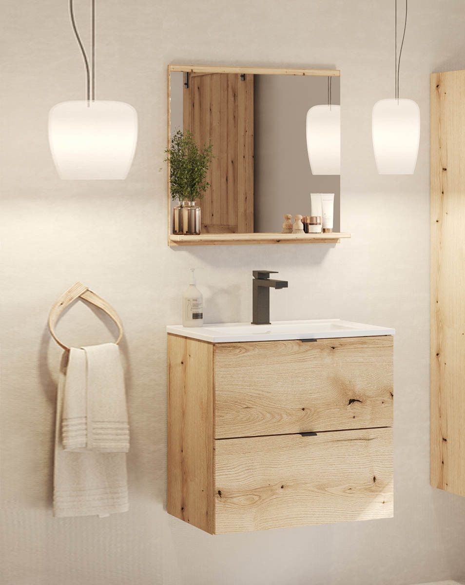 einfachgutemoebel Waschtisch-Set Bad-Set ILUNA Oak 60cm Schubladen, 2-tlg Einbaubecken, eiche, (Badmöbel Set, 1-St., Waschtisch Unterschrank)