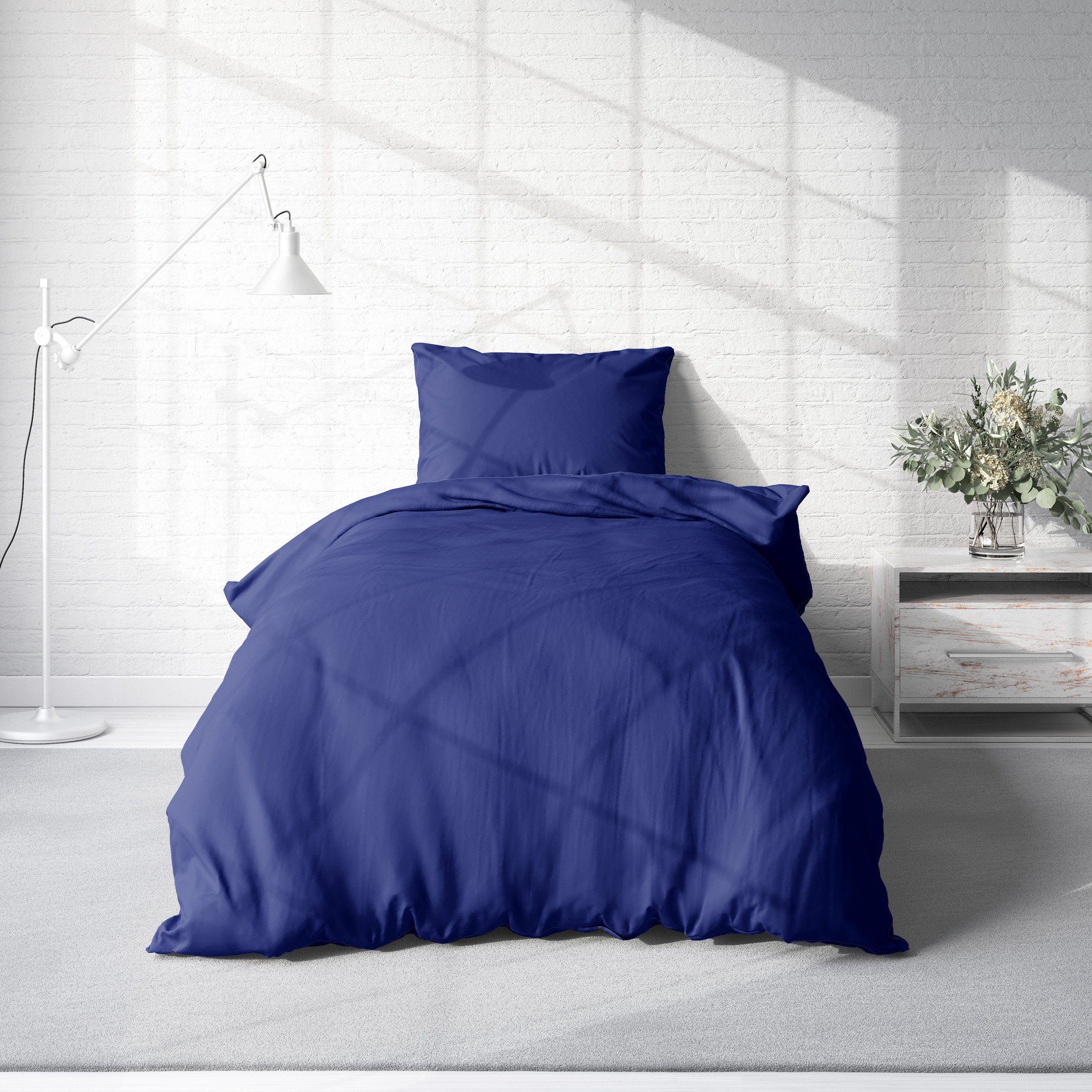 dunkelblau 2 Renforcé, Normalgröße One Einfarbig, mit Unifarben Reißverschluss, teilig, Home, Baumwolle Bettwäsche