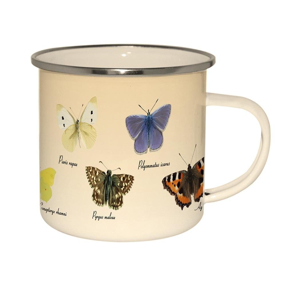 Linoows Tasse Emaille Tasse Schmetterlinge, Henkelbecher 10 cm, Emaille, Henkeltasse, Outdoor Henkelbecher Orange/Bunt