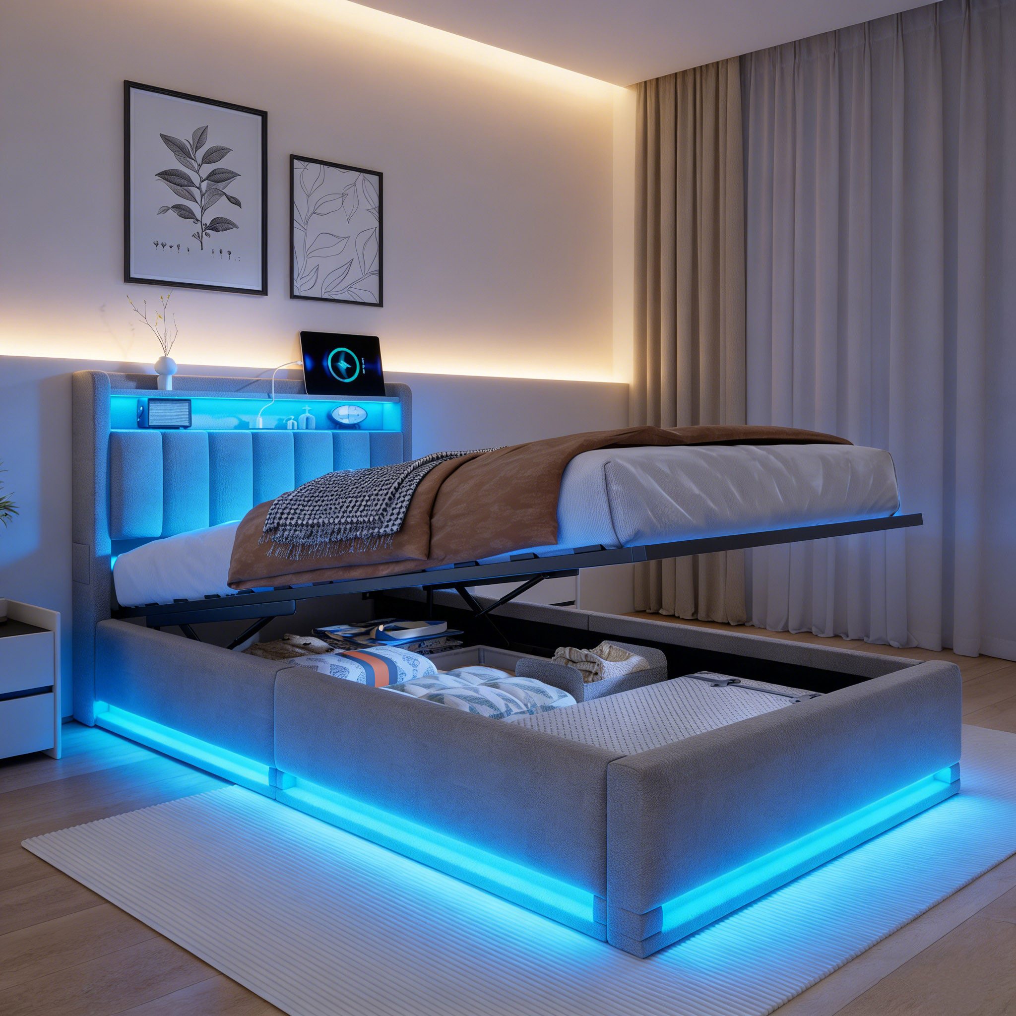 PXloue Polsterbett LED Doppelbett, Bettkasten, Ladefunktion, Samt, 90x200 cm