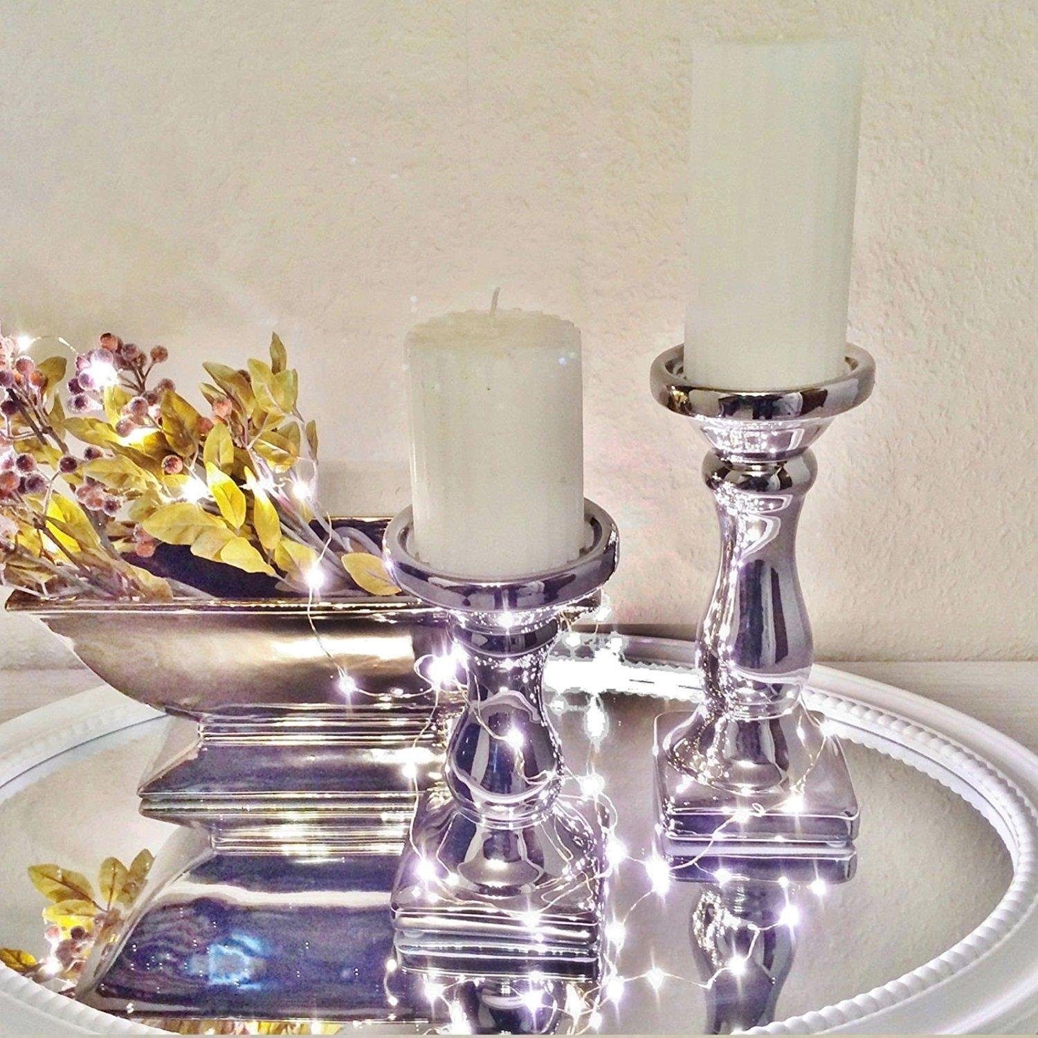 DRULINE Kerzenhalter Keramik Kerzenleuchter Kerzenständer Weiß Silber