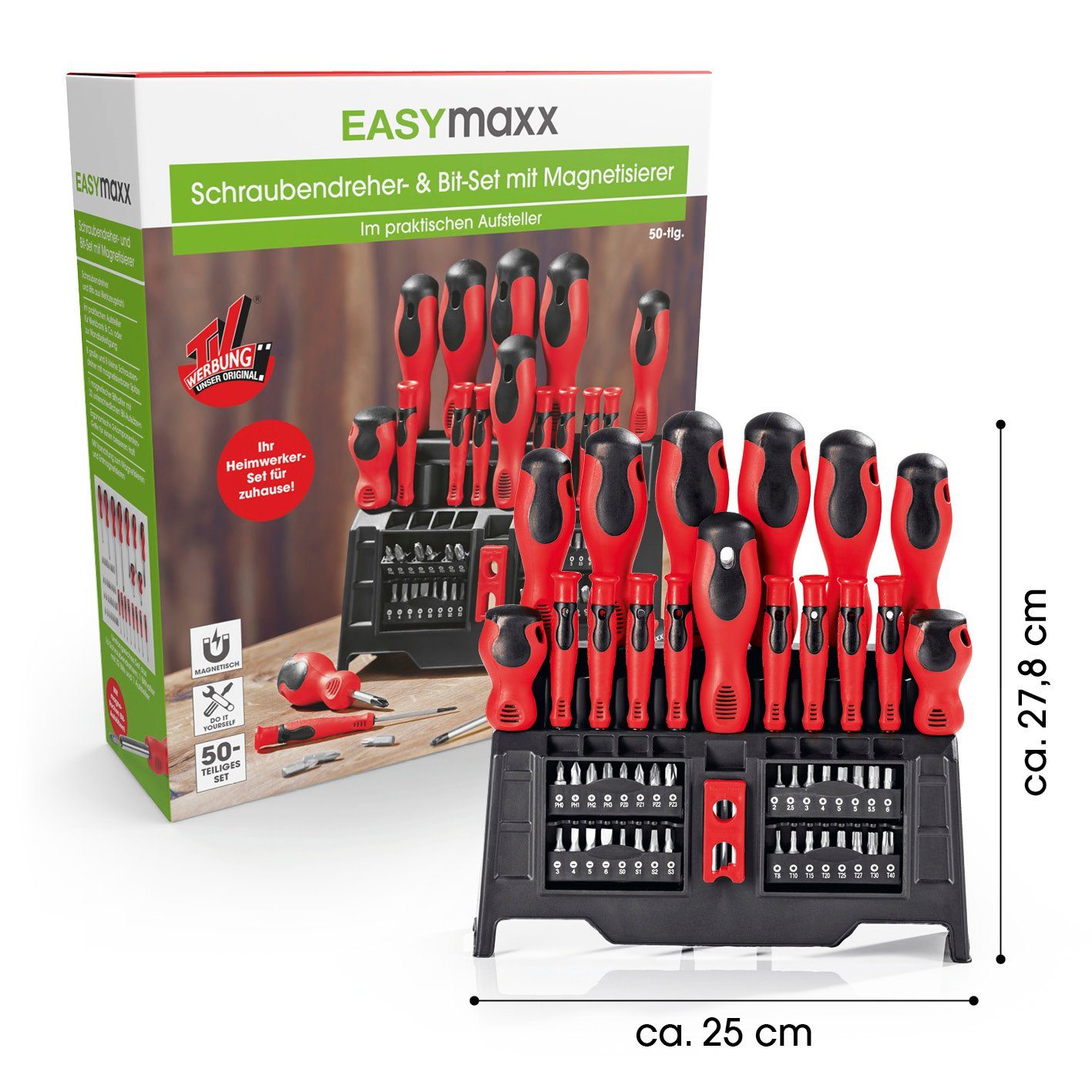 EASYmaxx Schraubendreher rot/schwarz, magnetisch inkl. 50-tlg. & St), ergonomisch (50 Bitsatz-Set Ständer mit