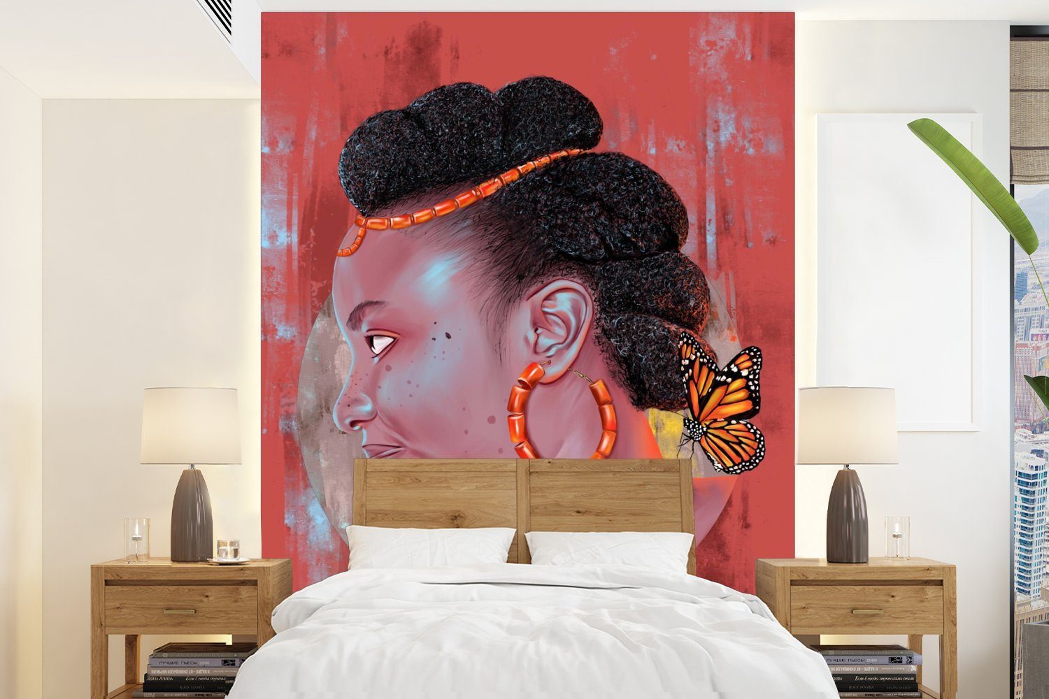 MuchoWow Fototapete Vintage - Frau - Porträt - Schmetterling - Rot, Matt, bedruckt, (4 St), Montagefertig Vinyl Tapete für Wohnzimmer, Wandtapete