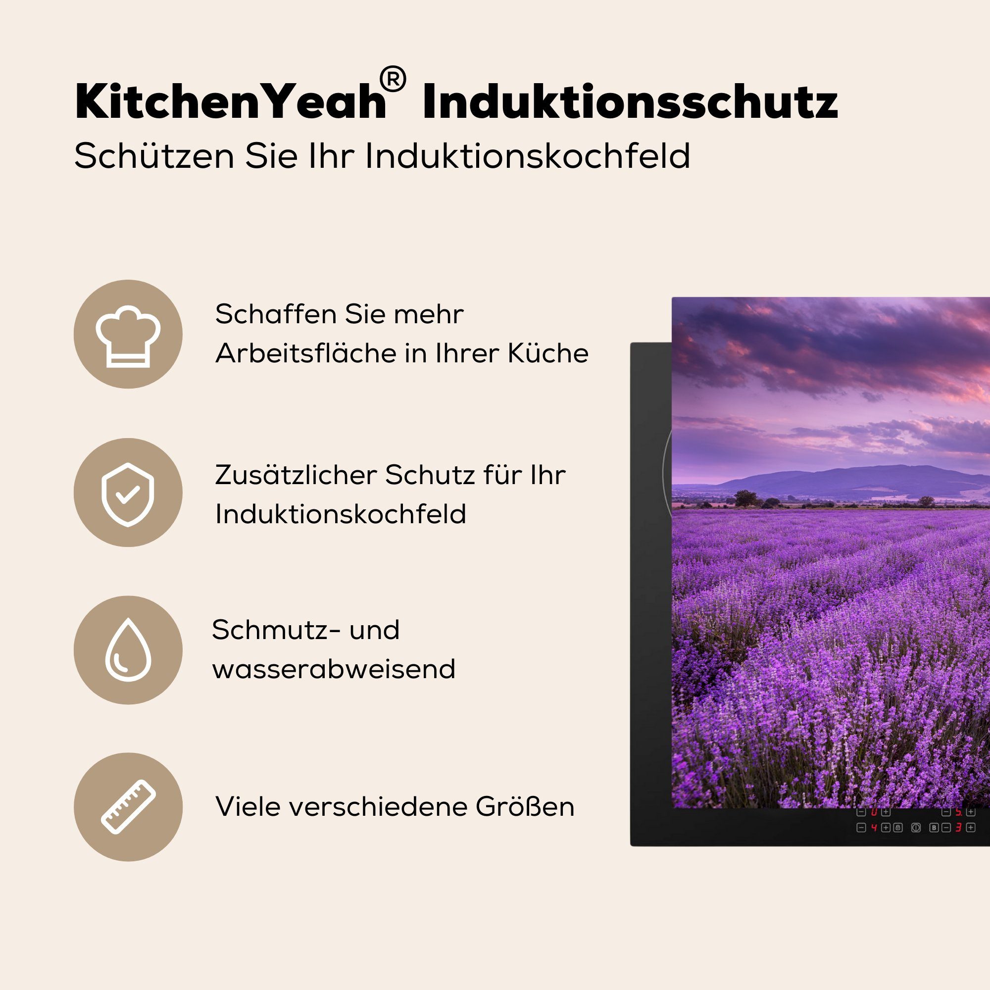 MuchoWow Herdblende-/Abdeckplatte - 81x52 Vinyl, cm, die - Induktionskochfeld Ceranfeldabdeckung Schutz (1 tlg), - Blumen für Lavendel Lila küche, Feld