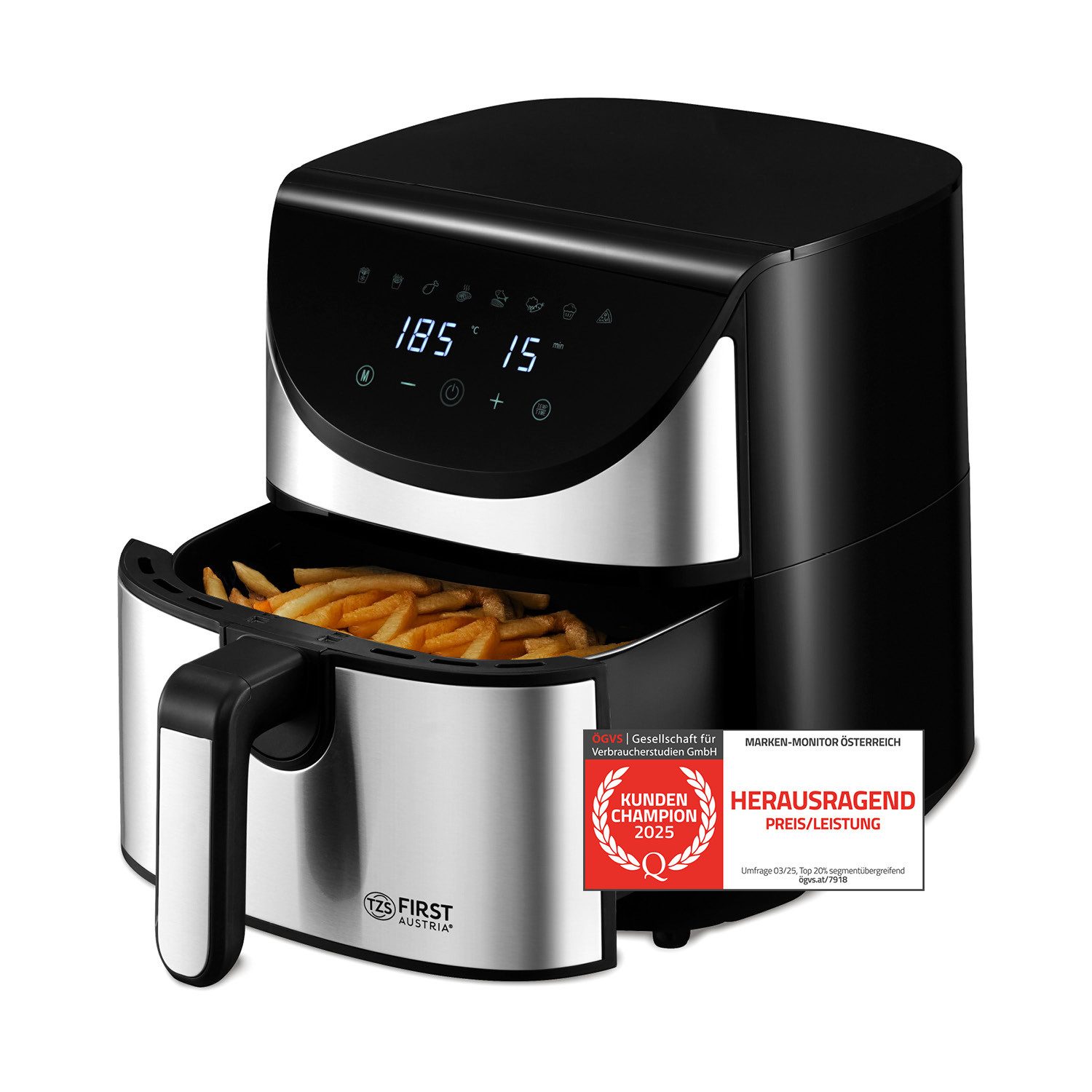 TZS FIRST AUSTRIA Heißluftfritteuse Airfryer 5,8L Digital 8 Programme Antihaftbeschichtung 1700W, 1700 W, 80-200°C Timer Antihaft Edelstahl-Heizelement