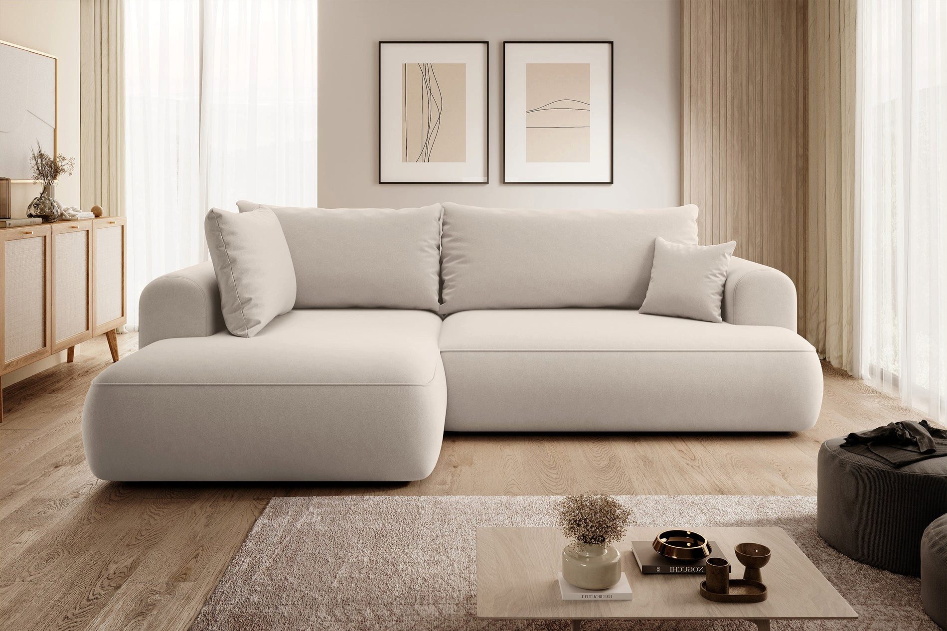 Selsey Ecksofa OVO, mit Schlaffunktion, Bettkasten & Bouclé-Bezug, 252x183 cm