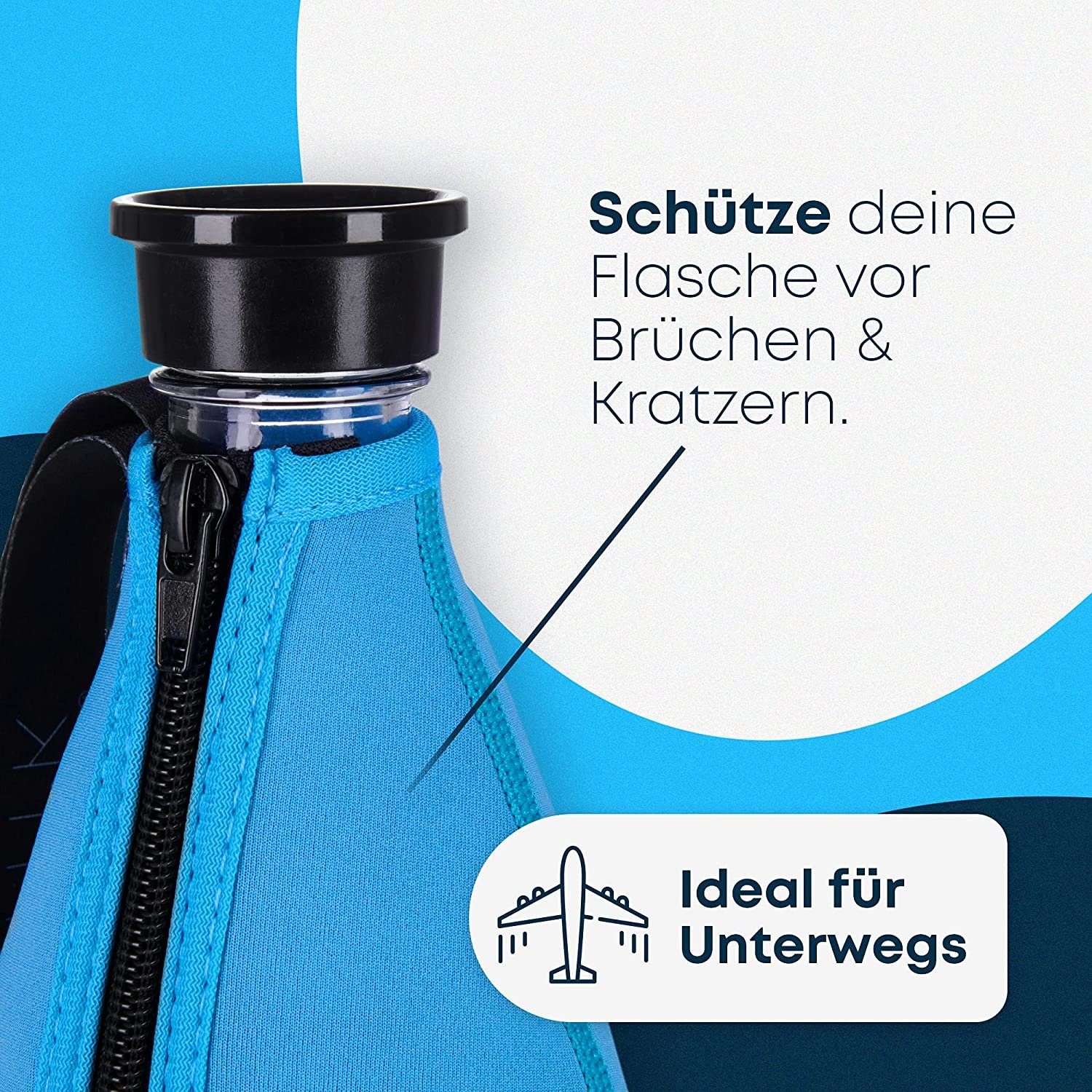 ROXUS kompatibel Thermoflasche 2.0 SodaStream SYRINK® Glasflasche, Thermohülle mit blau Crystal Neoprenschutzhülle