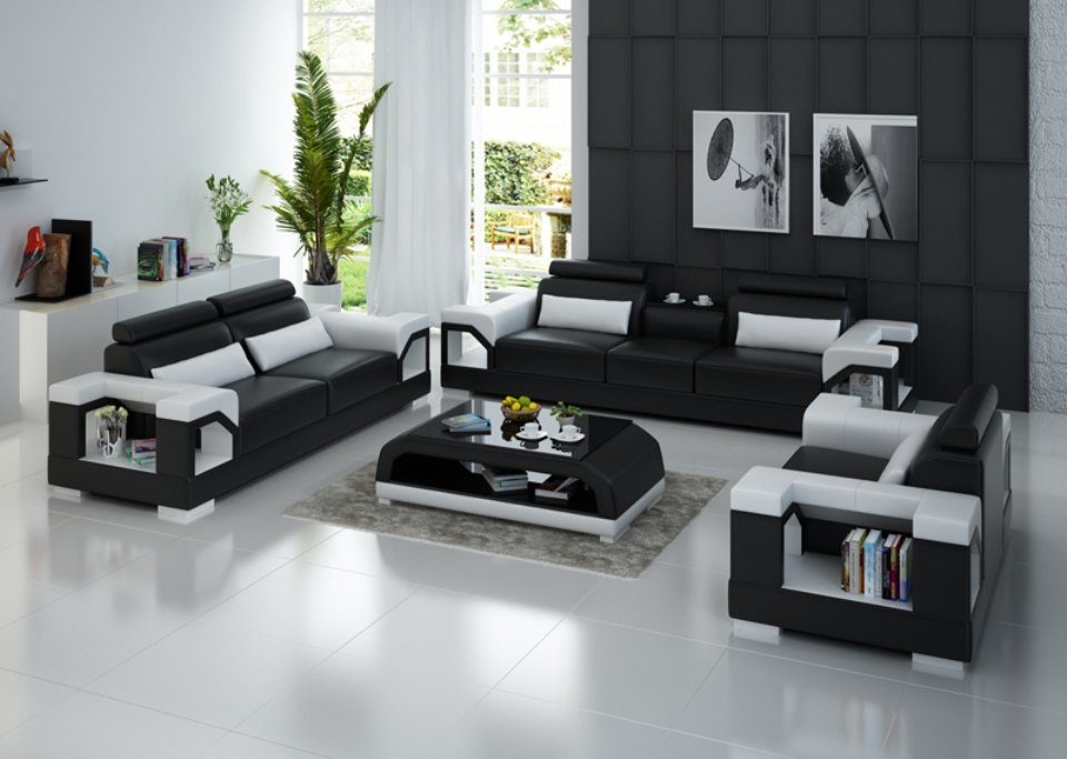 Ledersofas Europe JVmoebel Neu, Sitzer Weiß-schwarze Sofa Wohnlandschaft 3+2+1 Made in