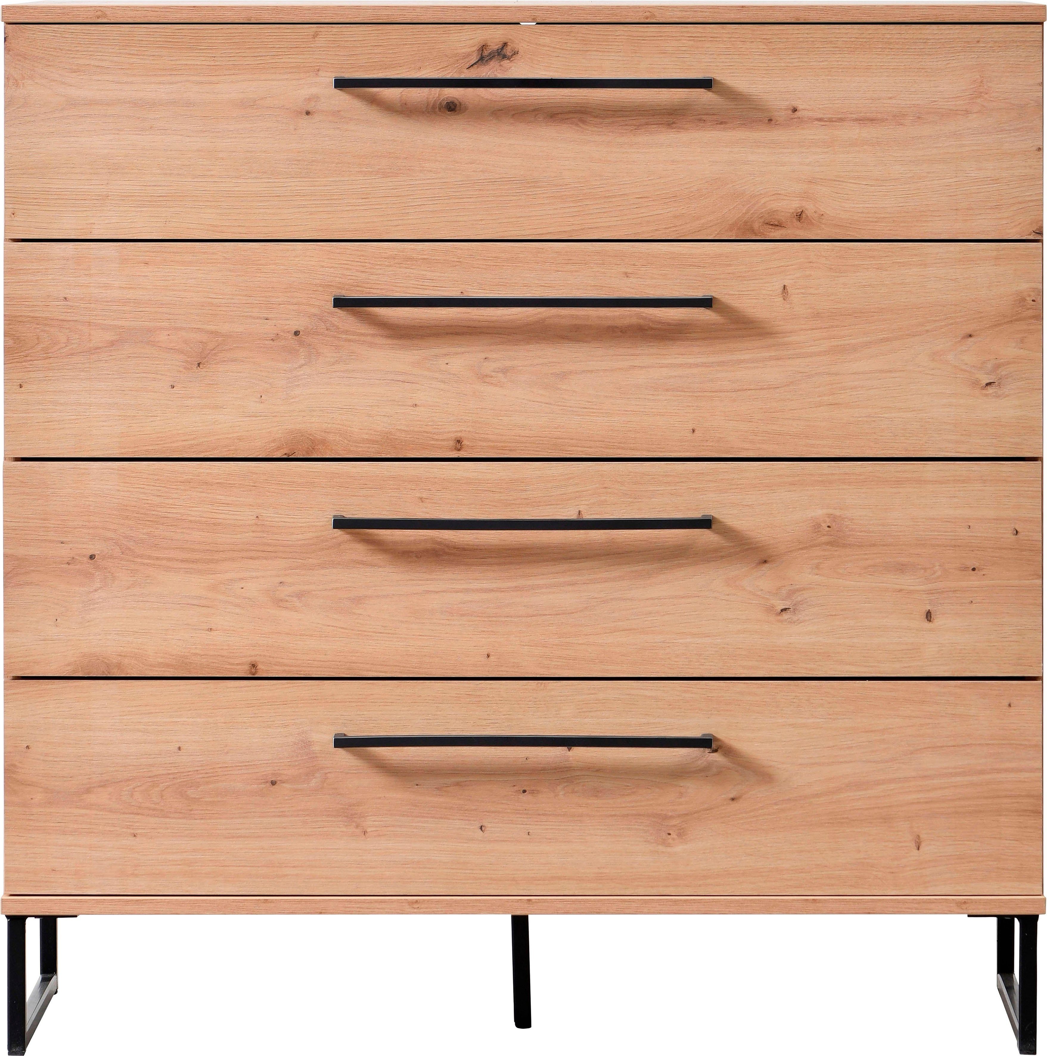 Home affaire Kommode Sardinia, Sideboard mit 4 Schubkästen, B/T/H: 91x92,5x42cm, mit 4 Schubladen, mit trendigen schwarzen Griffen und Metallfüße