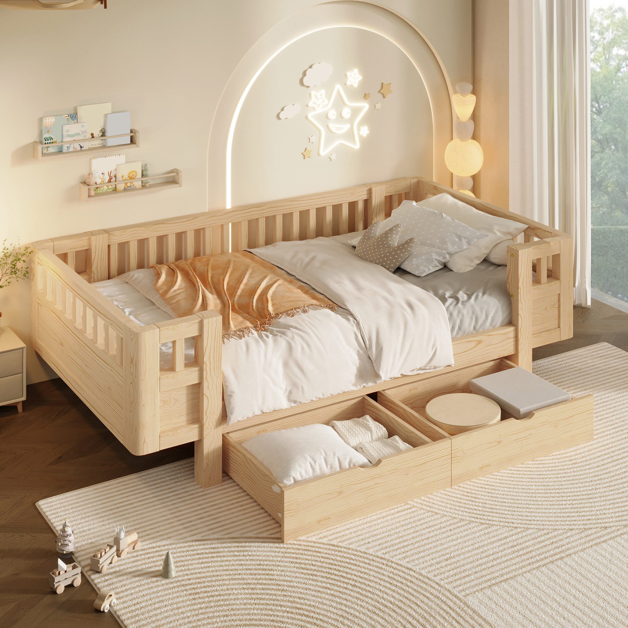 Odikalo Einzelbett Kinderbett Jugendbett mit hohem Schutzgitter & Schubladen (90x200cm Plattformbett mit zwei großen Schubladen Robuste Konstruktion aus Massivholz(ohne Matratze)