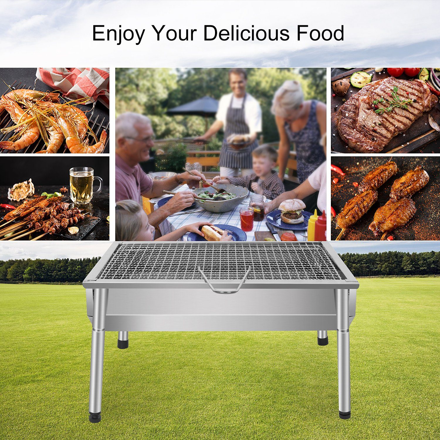 BBQ Holzkohlegrill Tragbar Standgrill Schaschlikgrill Edelstahl Barbecue Outdoor 
