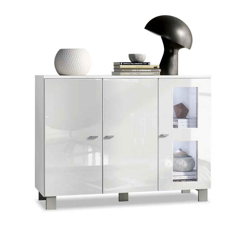 Vladon Sideboard Denjo (Kommode, mit 3 Türen), Weiß matt/Weiß Hochglanz inkl. LED-Beleuchtung (107 x 81 x 35 cm)