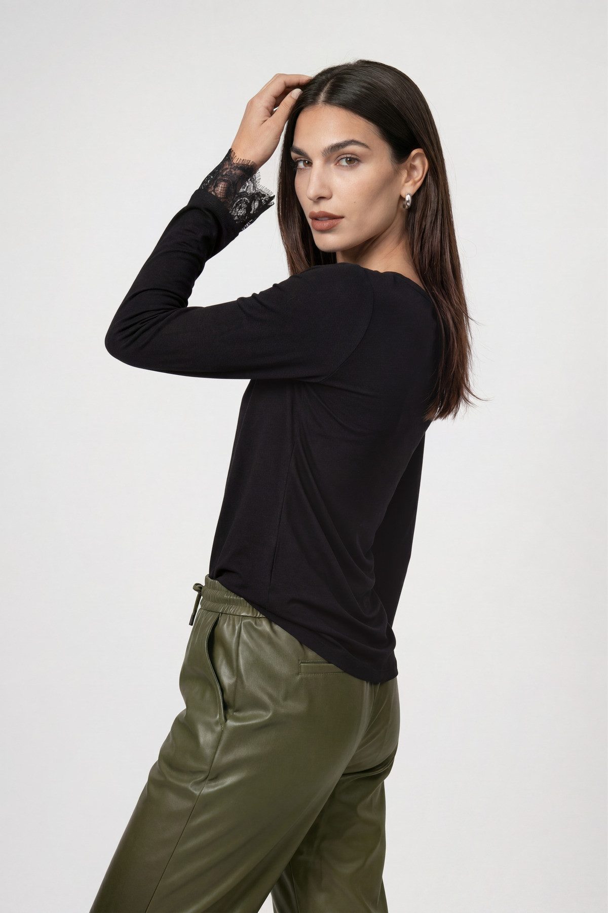 Monari Langarmshirt Shirt Basic Spitzendetail Regular fit mit Spitzenborte