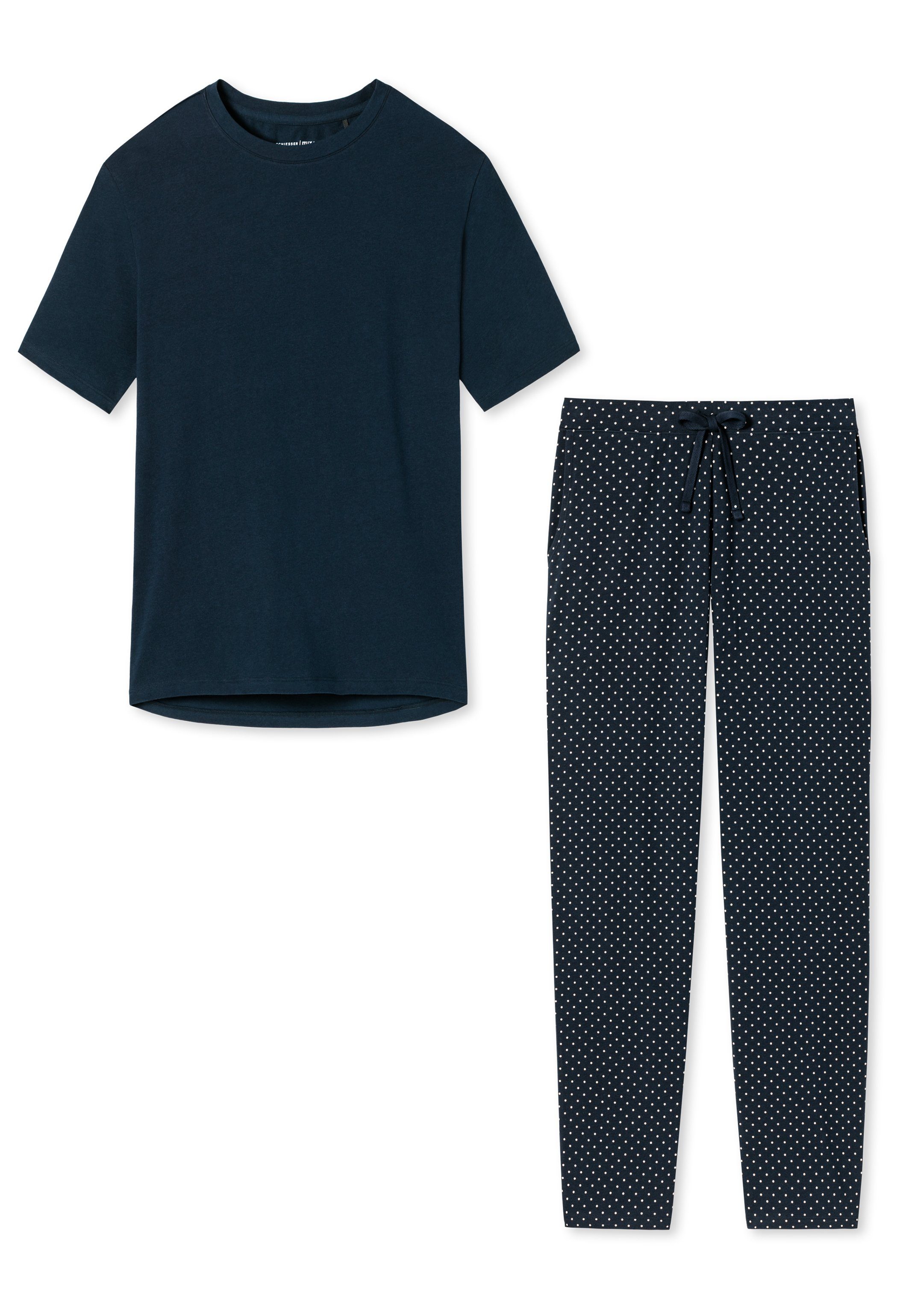 Schiesser Pyjama Cotton - Organic Dunkelblau 2 Baumwolle Blau (Set, gepunktet - / tlg) Schlafanzug