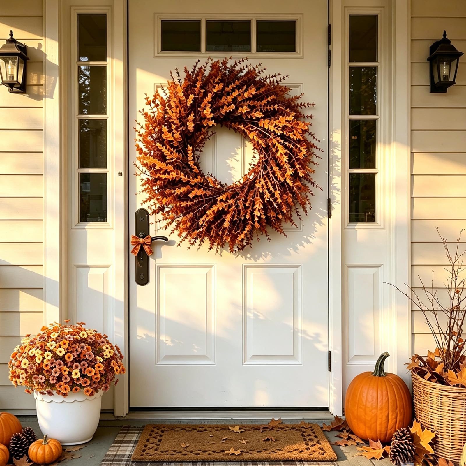 Sorvyzxn Dekokranz Großer künstlicher Eukalyptus-Herbstkranz (70 cm, Herbst-Orange), Künstlicher Herbstkranz Deko für Thanksgiving, Landhausstil – Bild 2 von 5