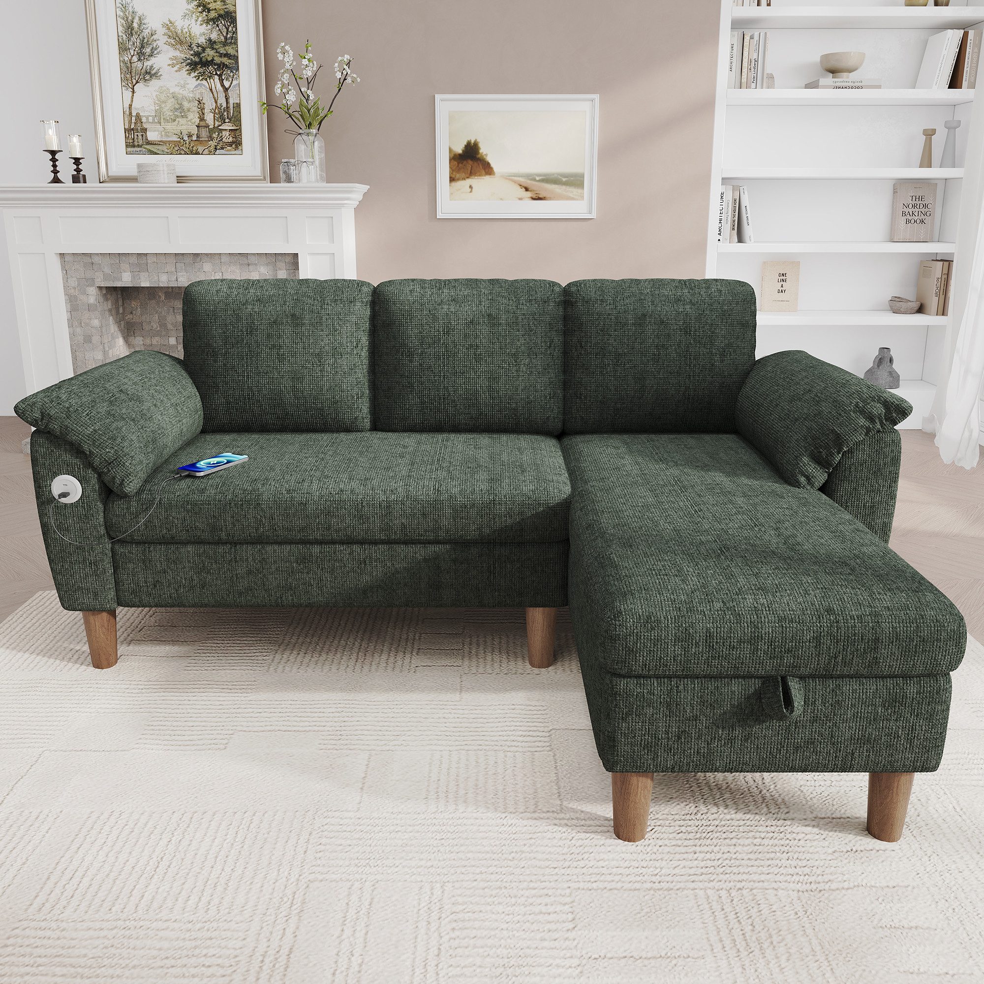 Merax Ecksofa L-förmiges Sofa mit Stauraum-Chaiselongue, links oder rechts montierbar, Couch, Schlafsofa 1 Teile, 3-Sitzer-Sofa mit USB & Type-C Ladeanschluss,  – Bild 2 von 5