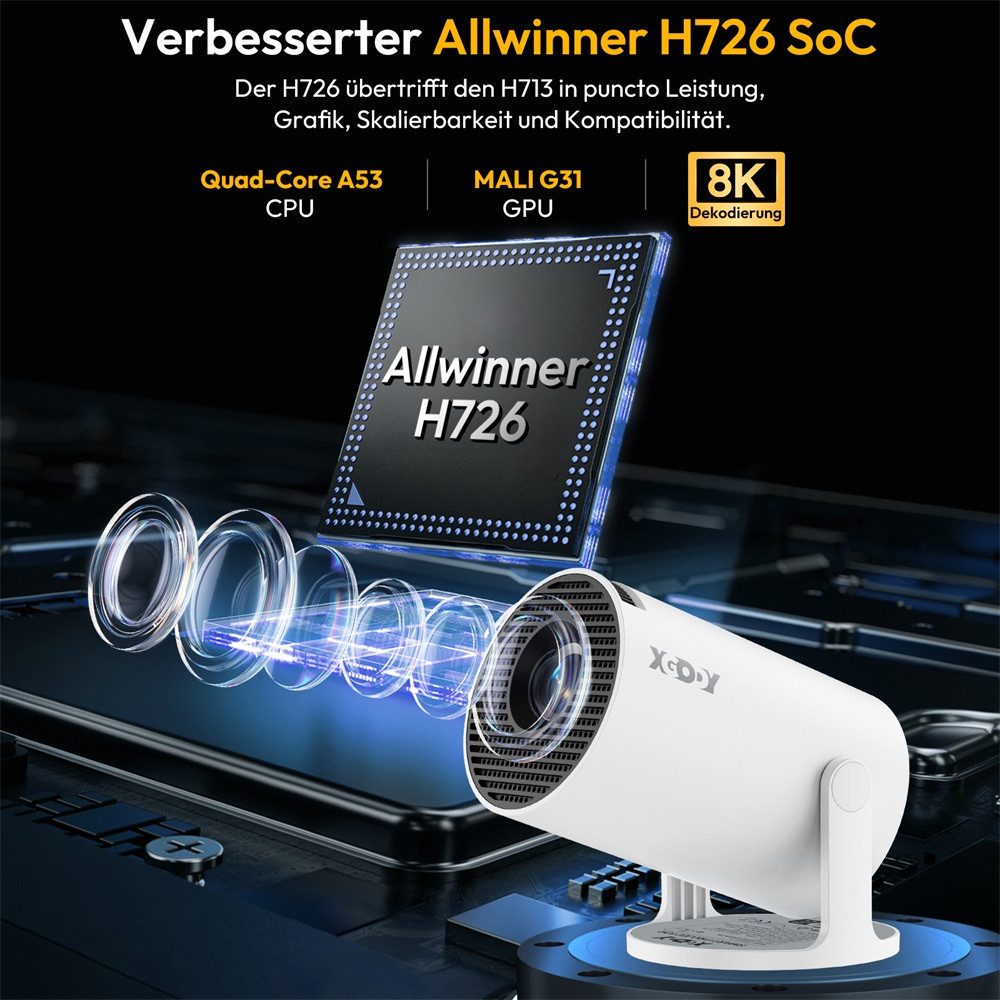 XGODY Android 14 Smart Projektor 2026 Upgrade 8K-Dekodierung LCD-Beamer (260 lm, 1000:1, 3840 x 2160 px, H726-Chip, Auto Keystone Correction, 180° Drehbar, BT 5.4, WiFi 6)