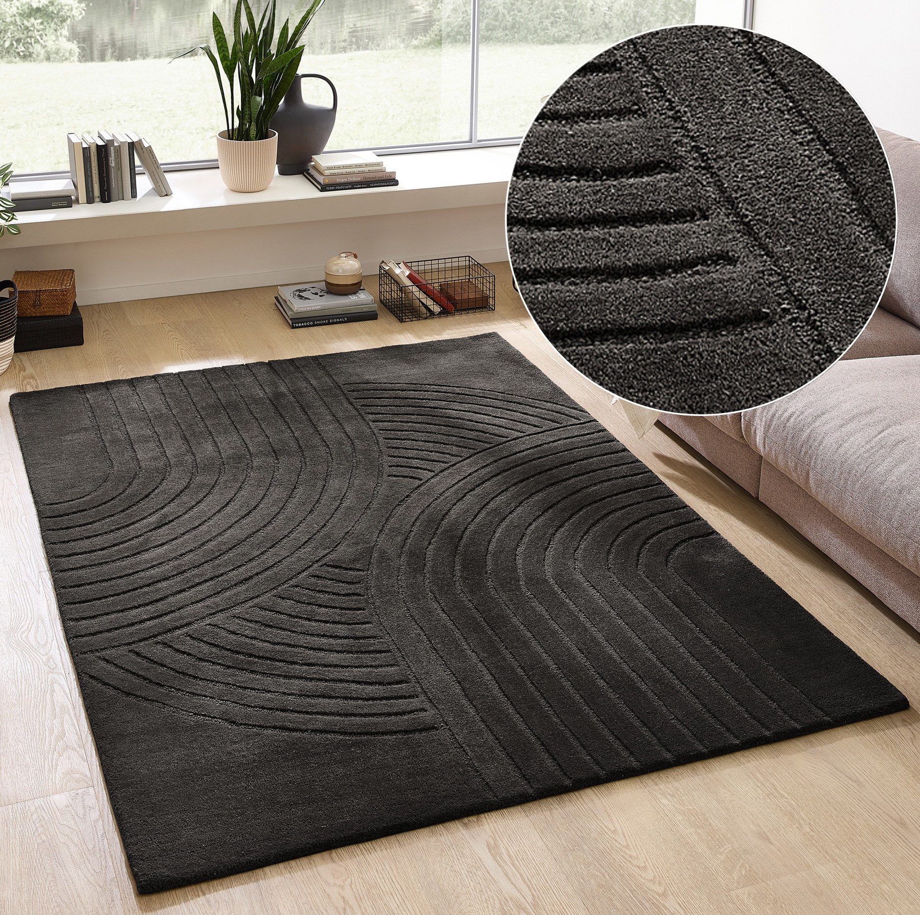 OTTO home Wollteppich Gabbo Design, Handgefertigt, Teppich, reine Wolle, rechteckig, Höhe: 14 mm, Hoch-Tief-Effekt, reine Wolle, Scandi-Look, Naturfaser