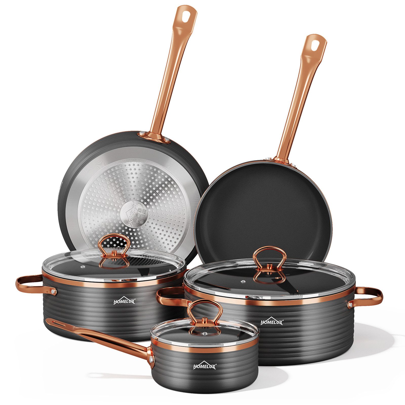 HOMELUX Topf-Set 8-teiliges Induktions Küchenhelfer-Set, Aluminium (8-tlg, 8-tlg., 2 Pfannen+2 Kochtöpfe+1 Kasserolle), für alle Herdarten geeignet