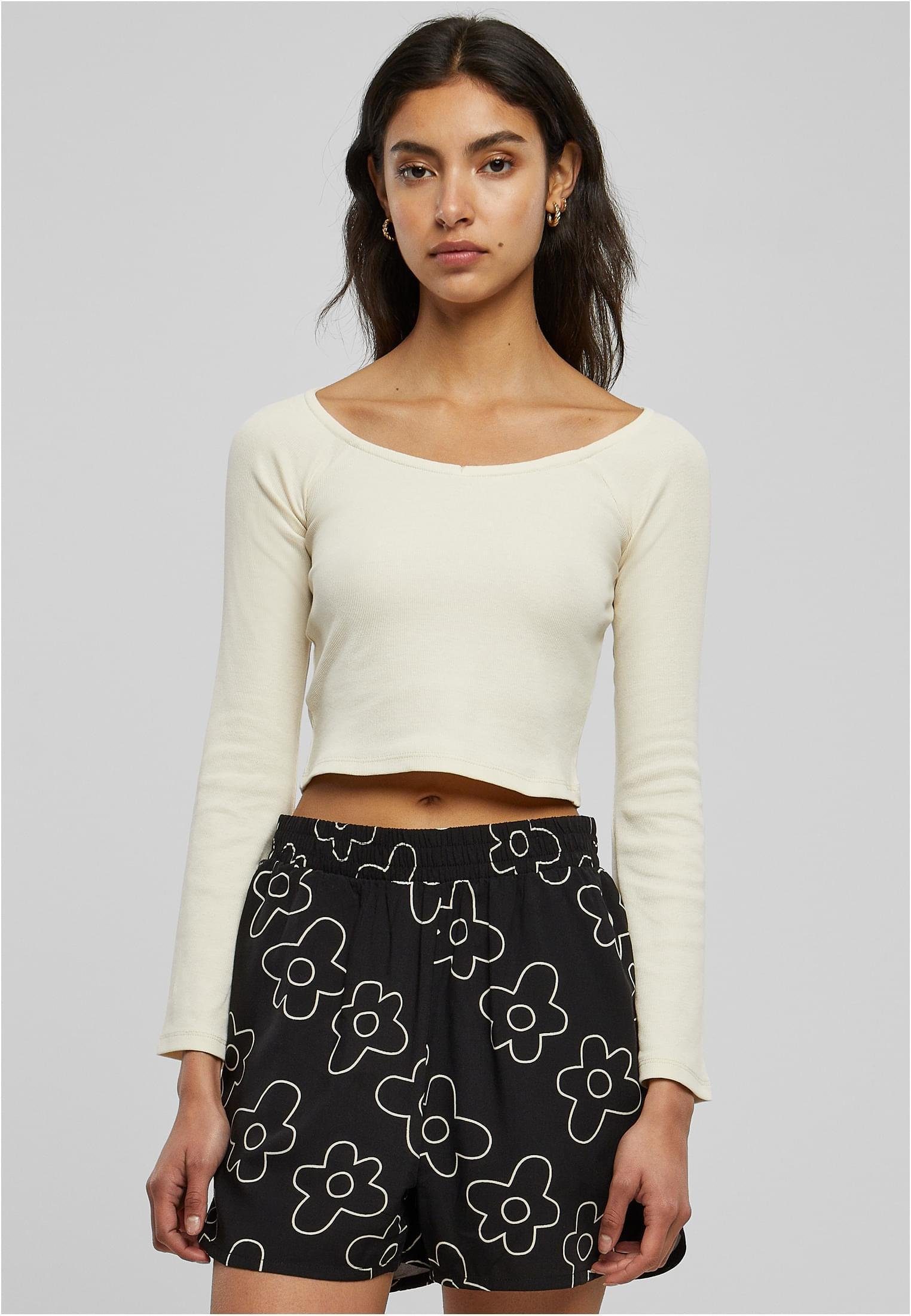 URBAN CLASSICS Longsleeve Ladies Short Rib Wide V-Neck Longsleeve Damen Oberteil