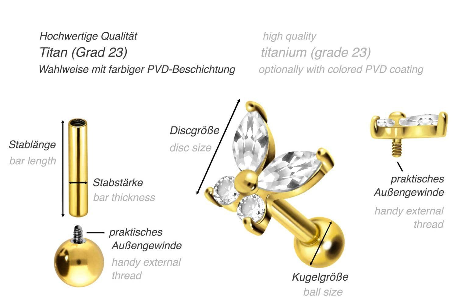 PIERCINGLINE Piercing-Set Titan Ohrpiercing mit Innengewinde KRISTALLSCHMETTERLING (Mini-Barbells, 1-tlg)