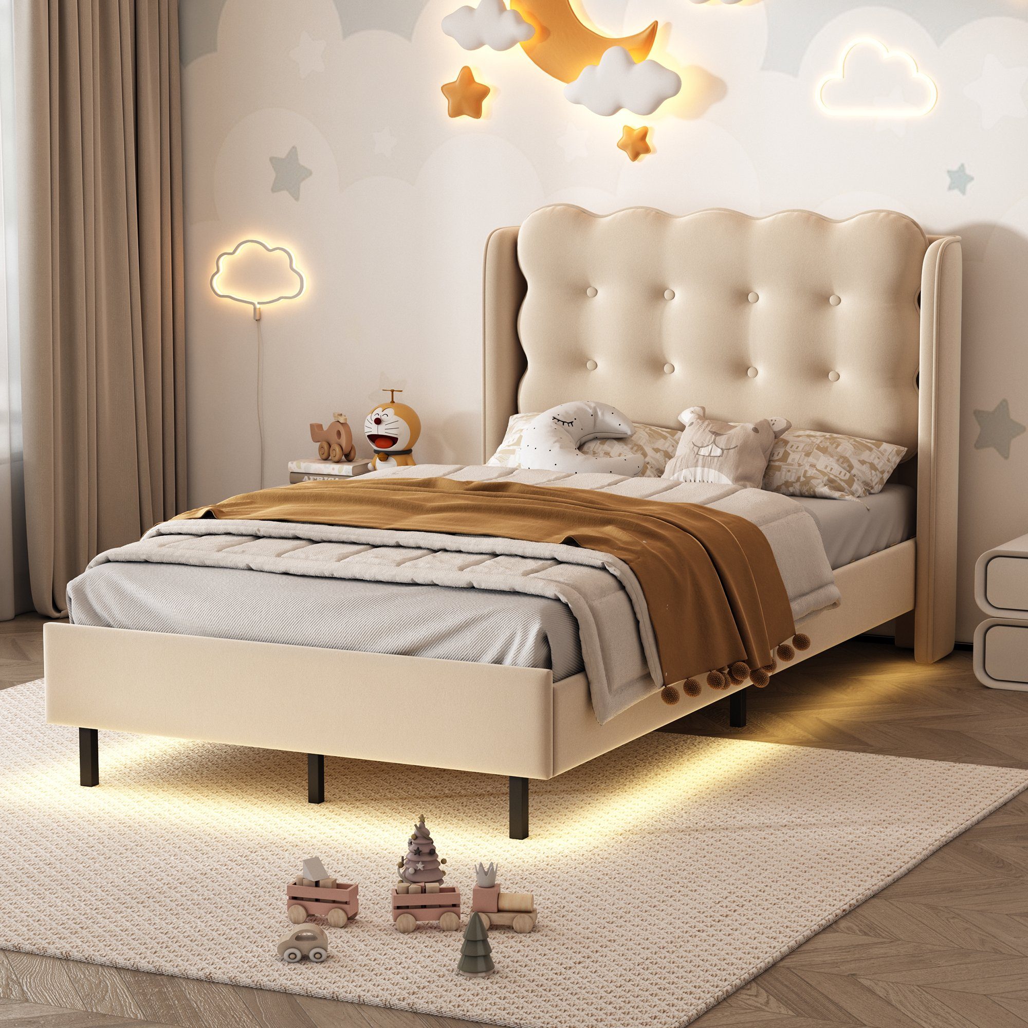 Polsterbett, Einzelbett Samt mit Flieks warmgelben Kinderbett Lichtstreifen 90x200cm