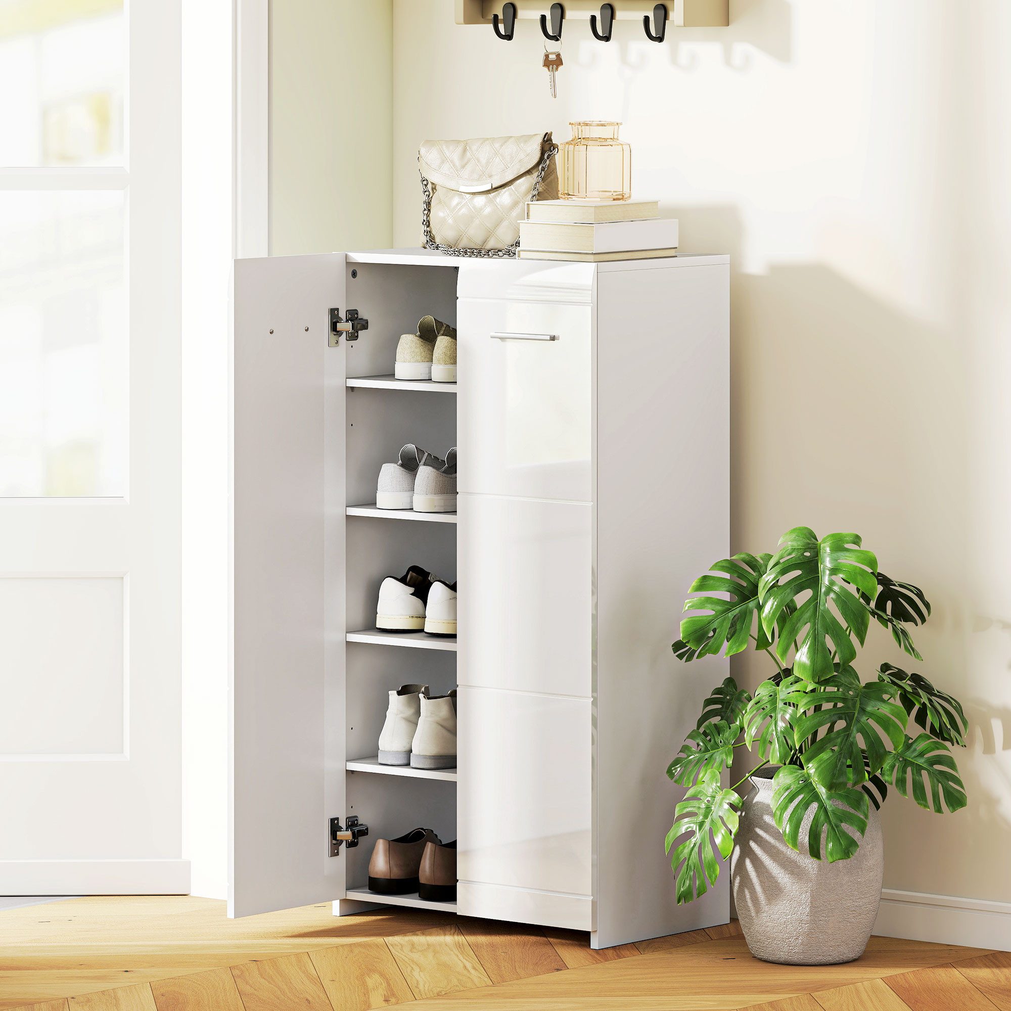 HOMCOM Schuhschrank Schuhaufbewahrung mit Türen (Set, 1-St., 1er Set) Schuhschrank für 10 Paar Schuhe, Hochglanz Weiß