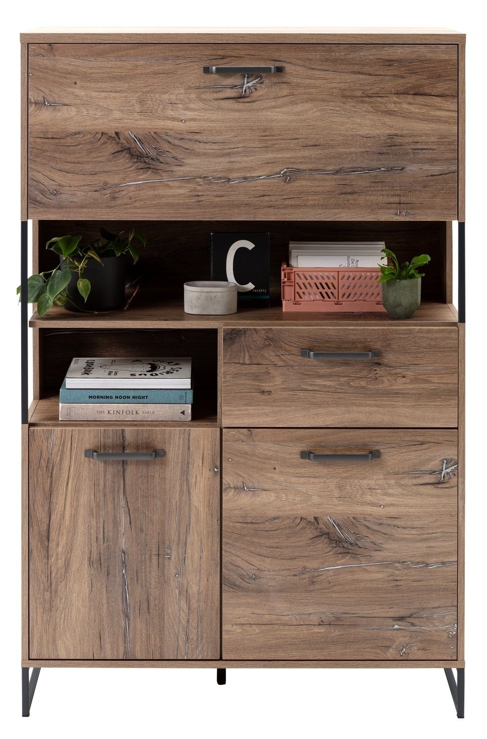 Highboard KANSAS, B 95 cm x H 149 cm, Flagstaff Eiche Dekor, Schwarz, Metall, 2 Türen, 1 Klappe, 1 Schublade