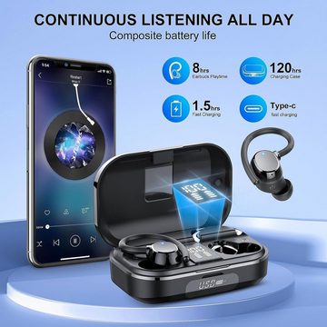 POMUIC Kabellos Bluetooth 5.3 mit HD Mic, 120 Stunden Spielzeit Sport In-Ear-Kopfhörer (Zuverlässige Qualität und komfortabler Sitz für langanhaltenden Tragekomfort, mit LED-Anzeige, Deep Bass, IP7 Wasserdichte Ohrhörer mit Ohrhaken)