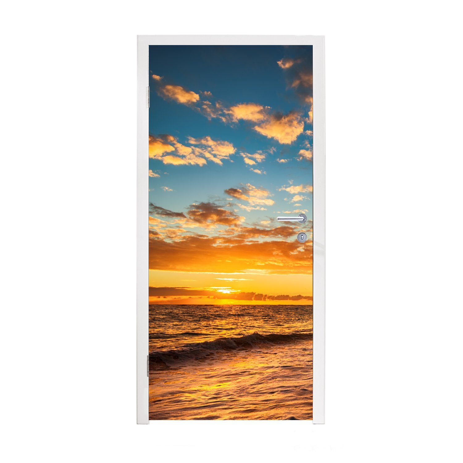 MuchoWow (1 für St), Strand Tür, bedruckt, Meer - 75x205 Türtapete Fototapete Matt, cm - - Türaufkleber, Palme, Sonnenuntergang