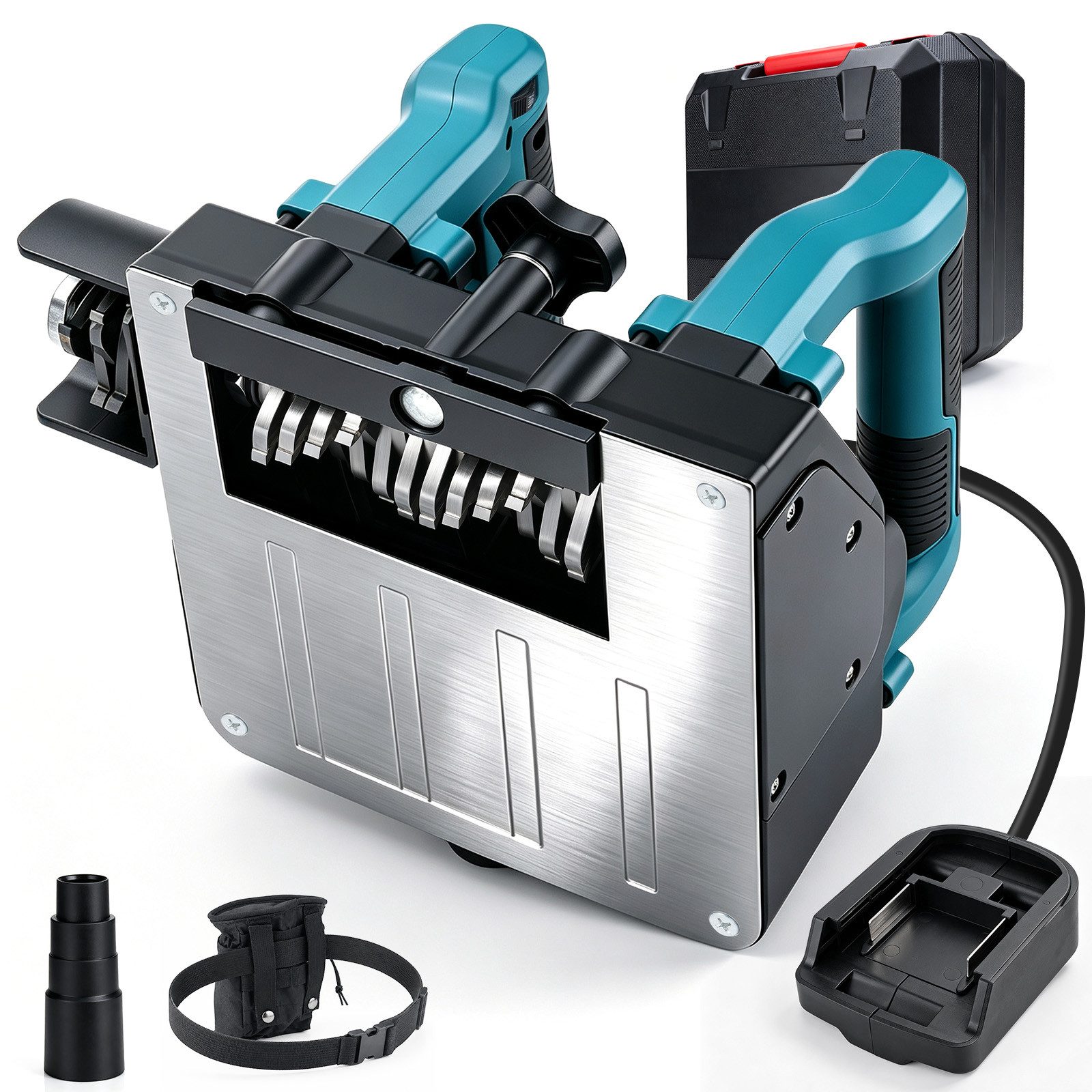 XIIW Akku-Winkelschleifer 1600W Betonfräse Kompatibel mit Makita Akku, 0-4mm Hobeltiefe, 6 Gang, max. 4000 U/min, (3 tlg., Sanierungsfräse mit 23 Hartmetallsegmenten Walzenfräse Mauerfräse), für Wand Concrete Gips Putz Mörtel zum Kalkwasser Altanstriche