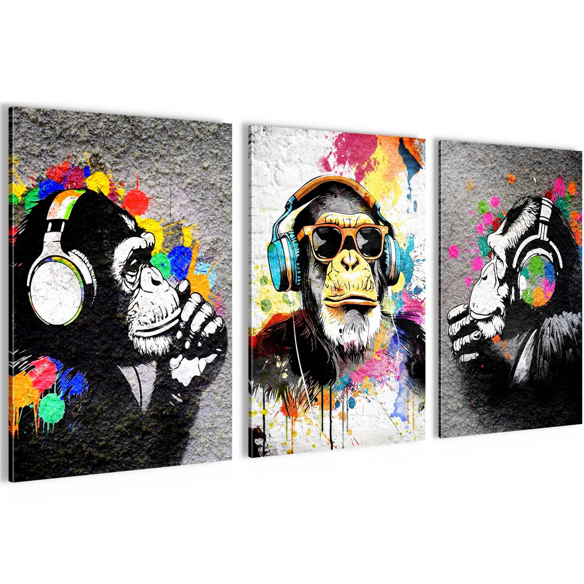Novart Bild Wandbilder Set Banksy Style Collage - 3 Bilder Wohnzimmer Stree günstig online kaufen