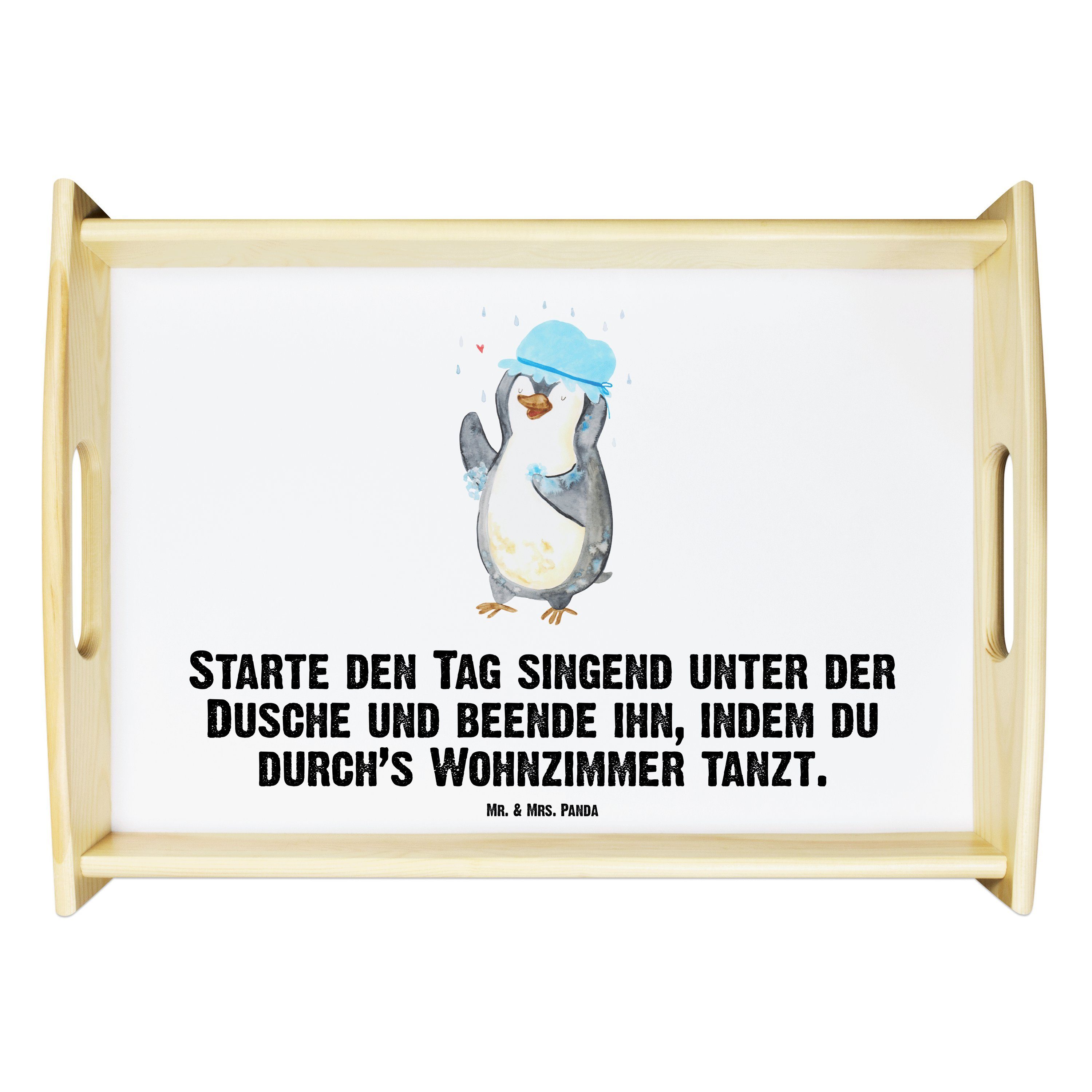 Mr. & Mrs. Panda Tablett Pinguin duscht - Weiß - Geschenk, Dusche, Duschkonzert, Holztablett, Echtholz lasiert, (1-tlg)