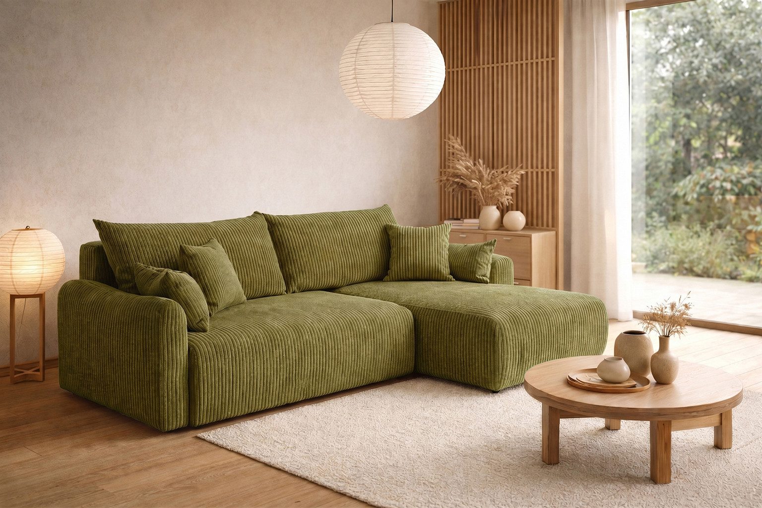 Kaiser Möbel Ecksofa mit Schlaffunktion für Wohnzimmer, Cordstoff Poso, JAPANDI, Japandi-Stil, Abgerundete Form, Große Liegefläche