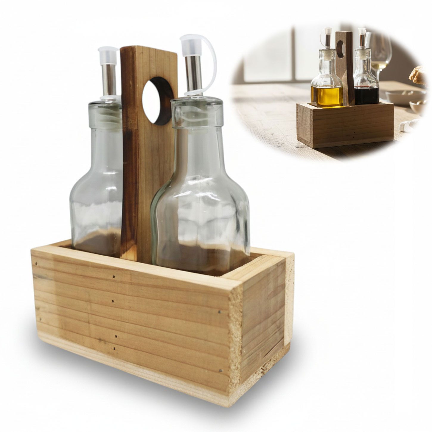 LS-LebenStil Menage-Set Holz Menage Essig- und Ölspender Set 2x Ölflasche Ausgießer Olivenöl V, (Holzständer mit Griff Ausgießer Olivenöl Speiseöl Vinaigrette Ölflasche, 3-tlg., 2x Glasflaschen 200ml), Fundholz - jede Menage ist ein Unikat