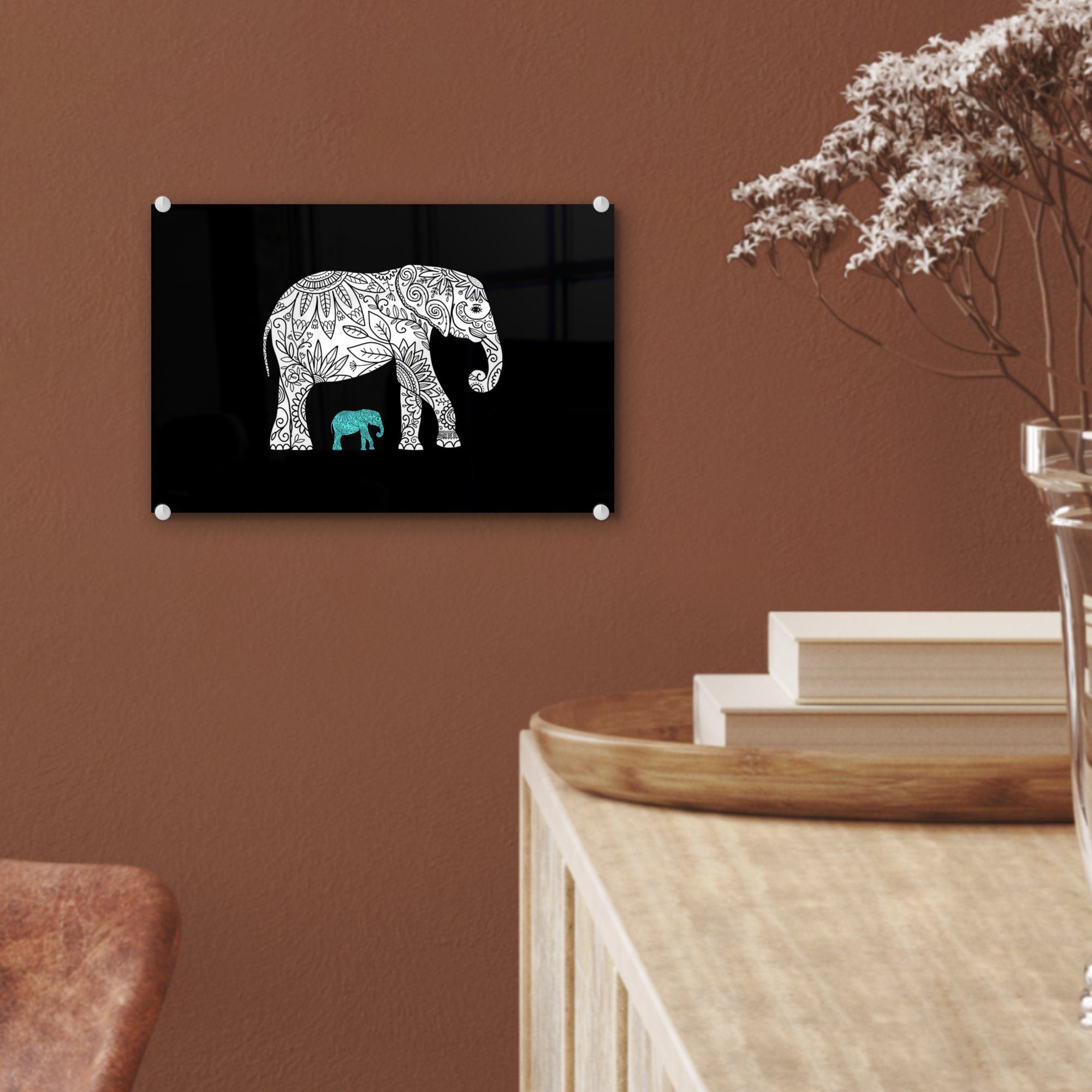 MuchoWow Acrylglasbild Elefant - Blumen auf (1 Foto Wanddekoration - Glas auf St), Glasbilder Bilder Pflanzen, Glas - - Wandbild 