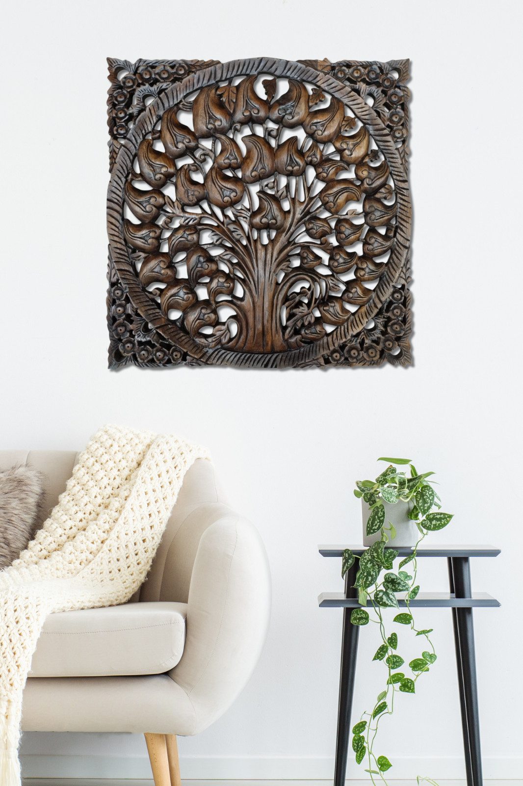 Kinaree Wandbild Holz Schnitzerei Wandbild Bodhi Baum, Schnitzerei, Handgearbeitet, Einzelstücke