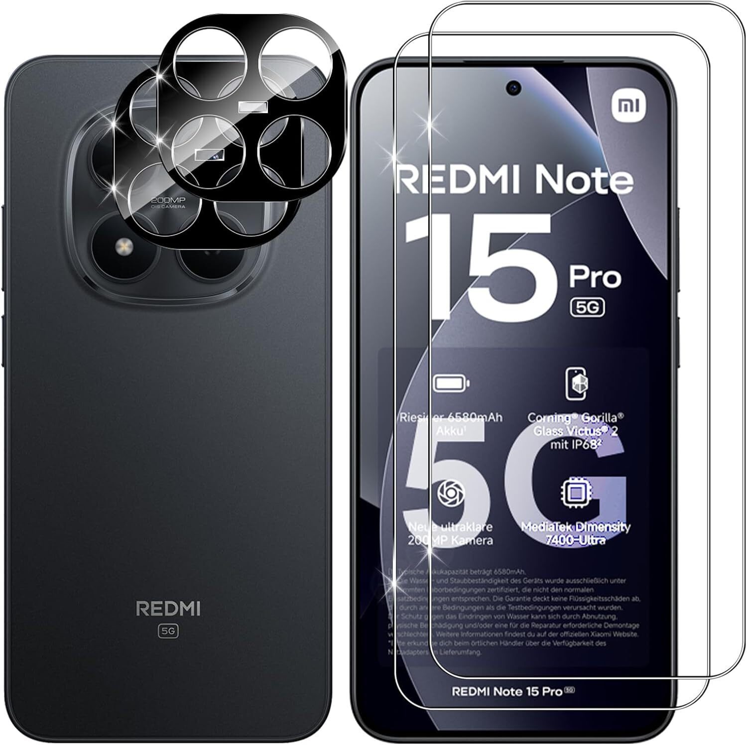 CLM-Tech Displayschutzglas für Xiaomi Redmi Note 15 Pro 5G 6,83 Zoll, Spar-Set, 4 Stück, (Nicht für 4G) Panzerglas für Bildschirm und Kamera 2+2
