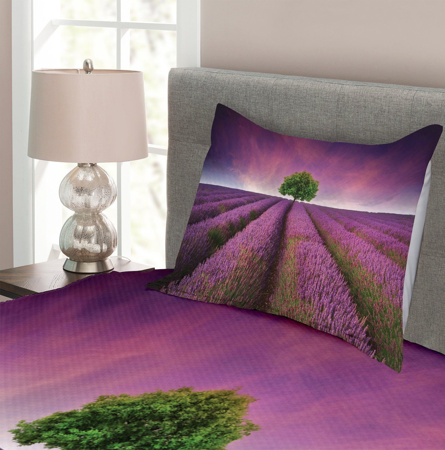 und Tagesdecke Kissenbezügen Set Lila Lavendelfelder Baum mit Waschbar, Abakuhaus,