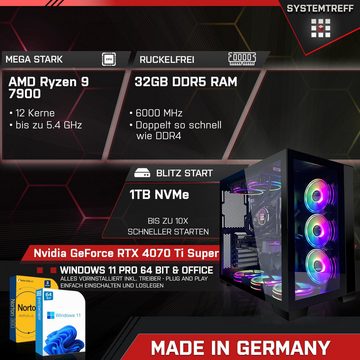 SYSTEMTREFF Gaming-PC (AMD Ryzen 9 7900, GeForce RTX 4070 Ti Super, 32 GB RAM, 1000 GB SSD, Wasserkühlung, Windows 11, WLAN)