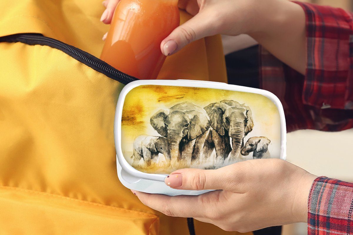 (2-tlg), und Kinder für für MuchoWow - Brotbox Aquarellfarbe Elefant - Familie, Lunchbox weiß Jungs Mädchen Kunststoff, Brotdose, und Erwachsene,