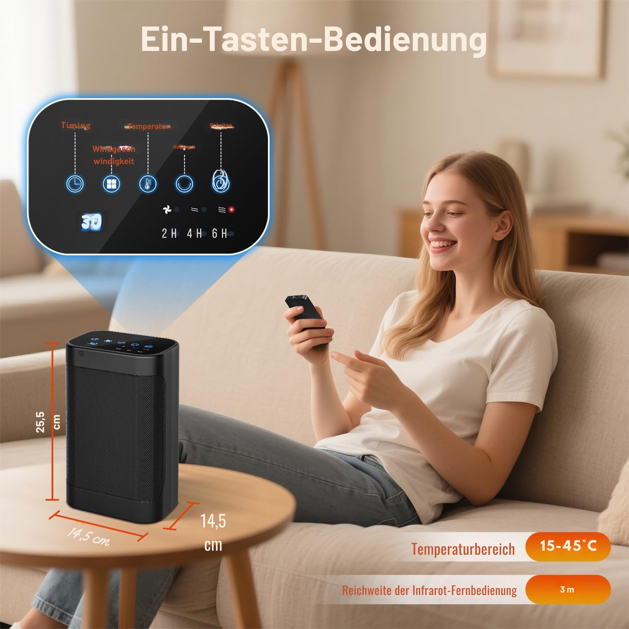 Vivitar Keramikheizlüfter 1500W, mit Thermostat, PTC Schnellheizung, 70° Oszillation, 3 Windgeschwindigkeiten, leise Elektroheizung unter 45 dB, 2–12H