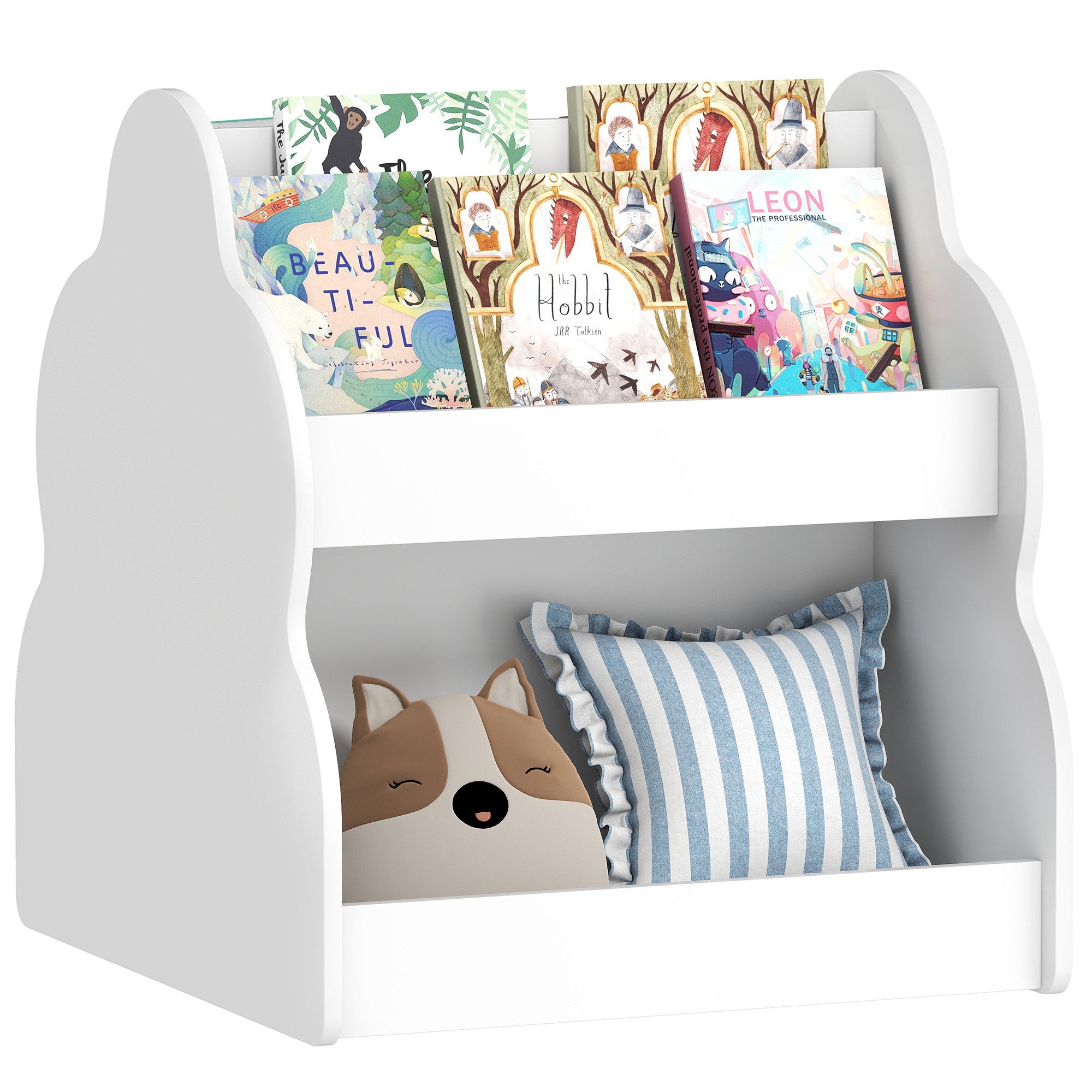 AIYAPLAY Spielzeugtruhe Kinderregal, Kinder-Bücherregal mit Rädern, 4 Regalen (Kinderregal, 1 St., 2-stöckiges Spielzeugregal), für Kinderzimmer, Spielzimmer, Wohnzimmer, 54 x 50 x 56 cm, Weiß