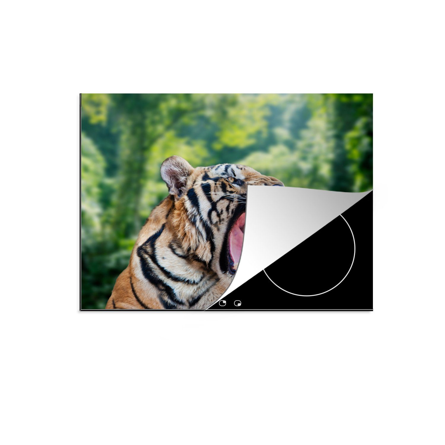 MuchoWow Herdblende-/Abdeckplatte Tiger - Kopf - Wald, Vinyl, (1 tlg), 71x52 cm, Induktionskochfeld Schutz für die küche, Ceranfeldabdeckung